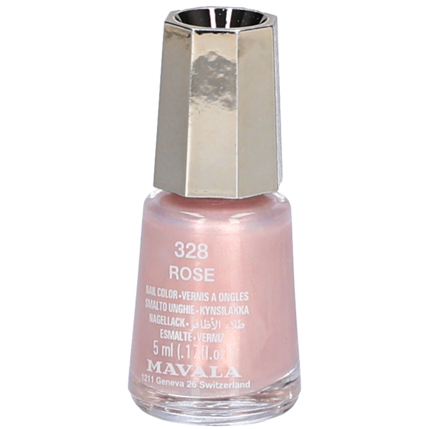Nagellackflasche, rosa Farbton. Silberfarbener Deckel. Aufschrift: 328 Rose, Nail Color, 5 ml.