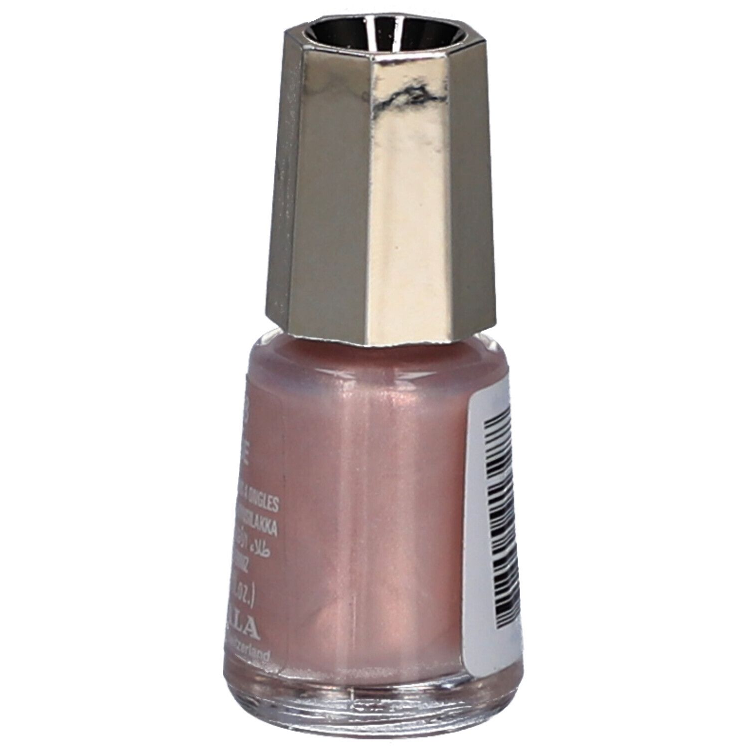 Nagellackflasche, rosa Farbton. Silberfarbener Deckel. Auf der Rückseite Text und Barcode.