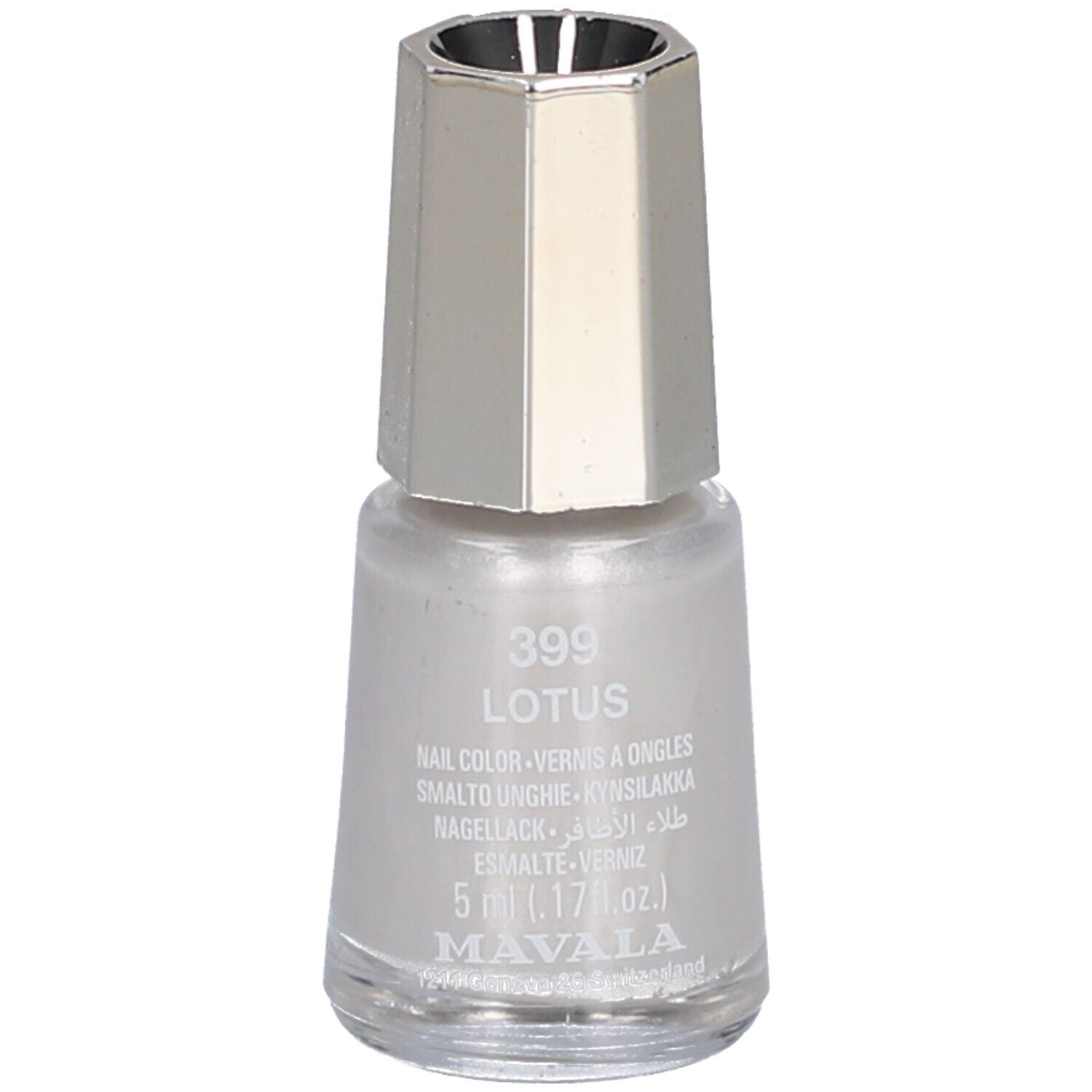 Nagellackflasche mit silberfarbenem Deckel. Aufschrift: 399 Lotus, Nagellack, 5 ml, Mavala.