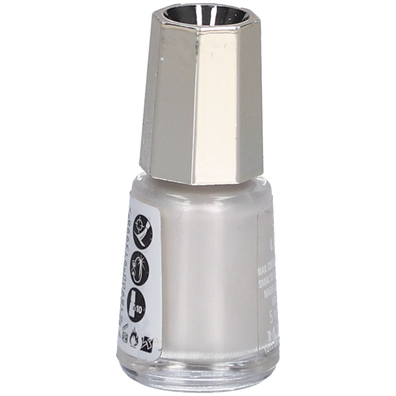Nagellackflasche mit silberfarbenem Deckel. Aufkleber mit Symbolen und Text.
