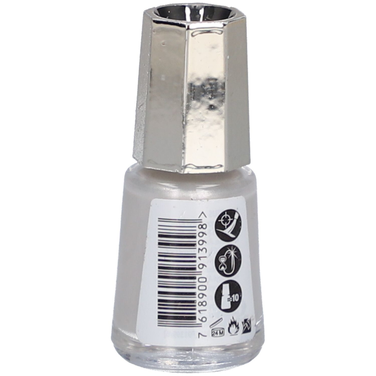 Nagellackflasche mit silberfarbenem Deckel. Aufkleber mit Barcode und Text.