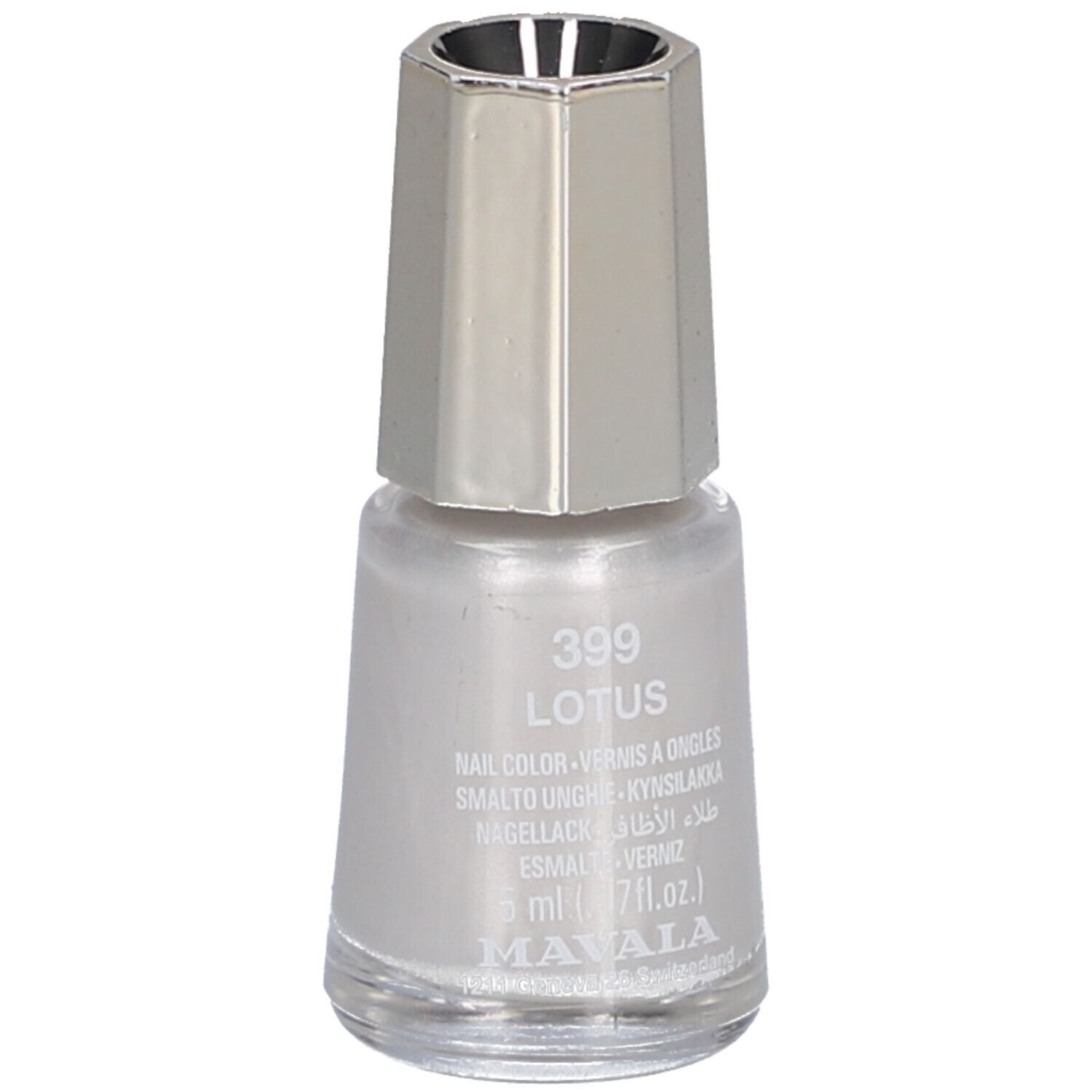 Nagellackflasche mit silberfarbenem Deckel. Aufschrift: 399 Lotus, Nagellack, 5 ml, Mavala.