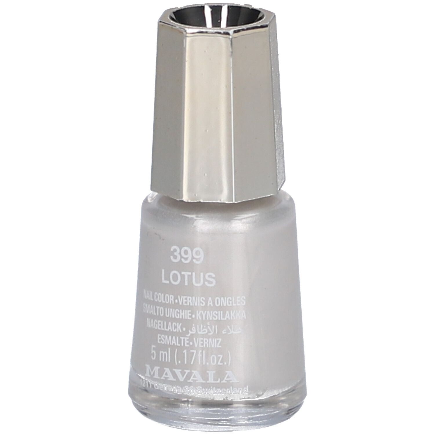 Nagellackflasche mit silberfarbenem Deckel. Aufschrift: 399 Lotus, Nagellack, 5 ml, Mavala.