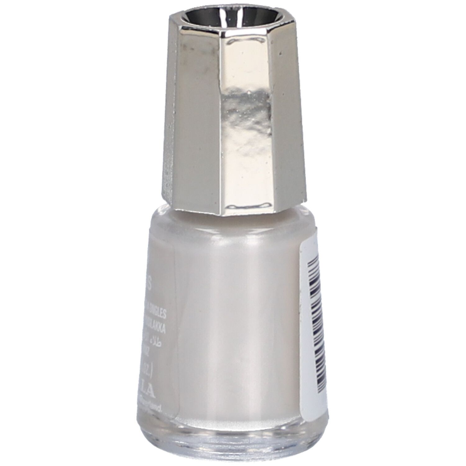 Nagellackflasche mit silberfarbenem Deckel. Aufkleber mit Text.