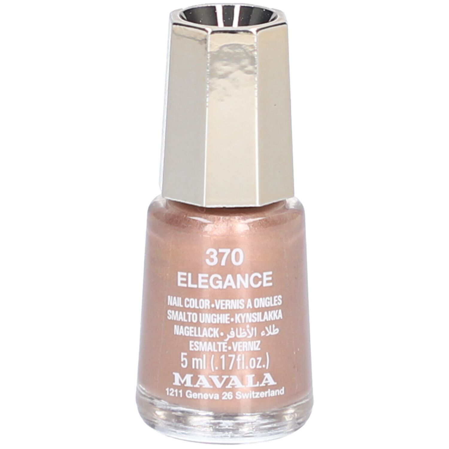 Nagellackflasche mit rosafarbenem Inhalt. Silberfarbener Deckel. Aufschrift: Elegance 370, Nail Color, 5 ml.