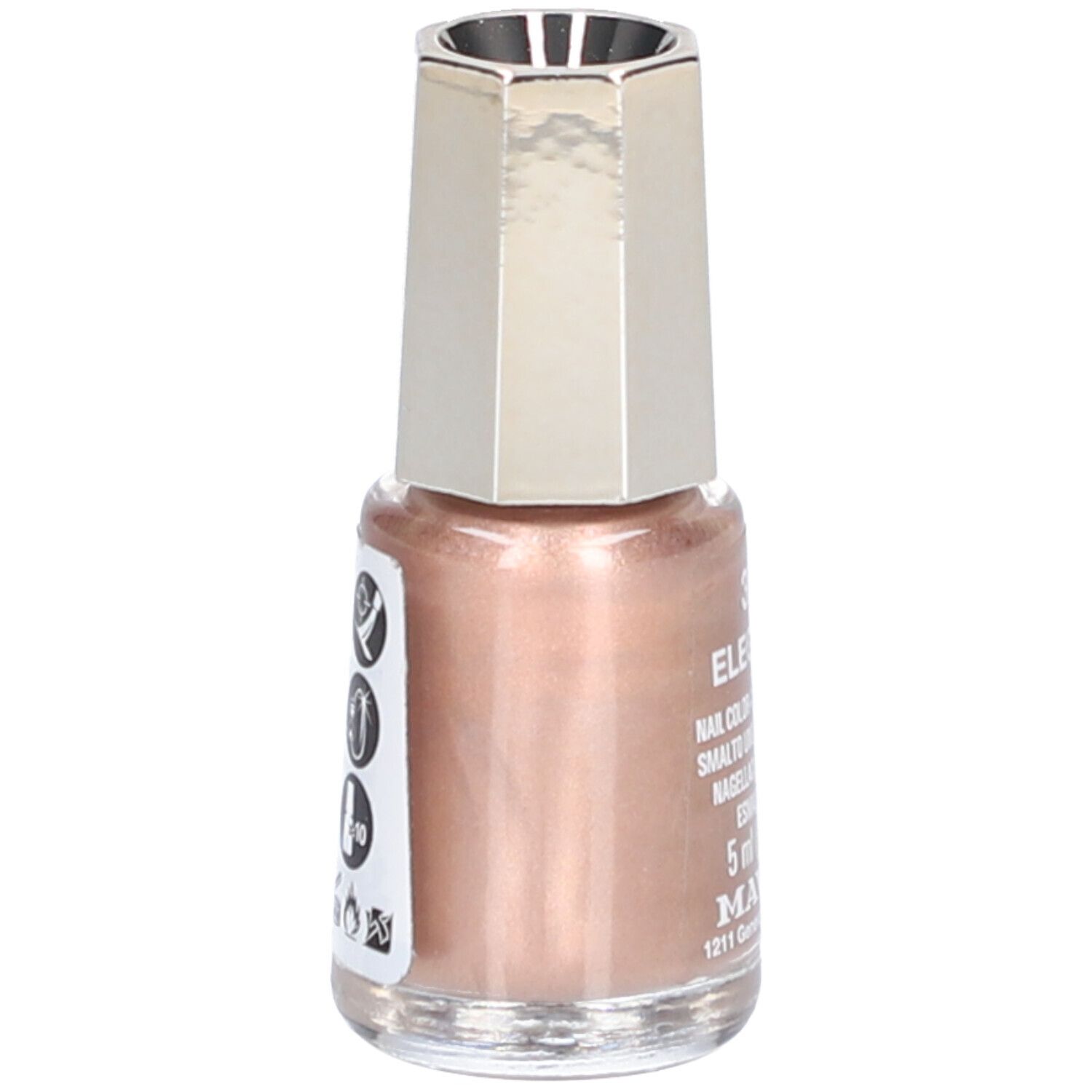 Nagellackflasche mit rosafarbenem Inhalt. Silberfarbener Deckel. Aufkleber mit Symbolen und Text.