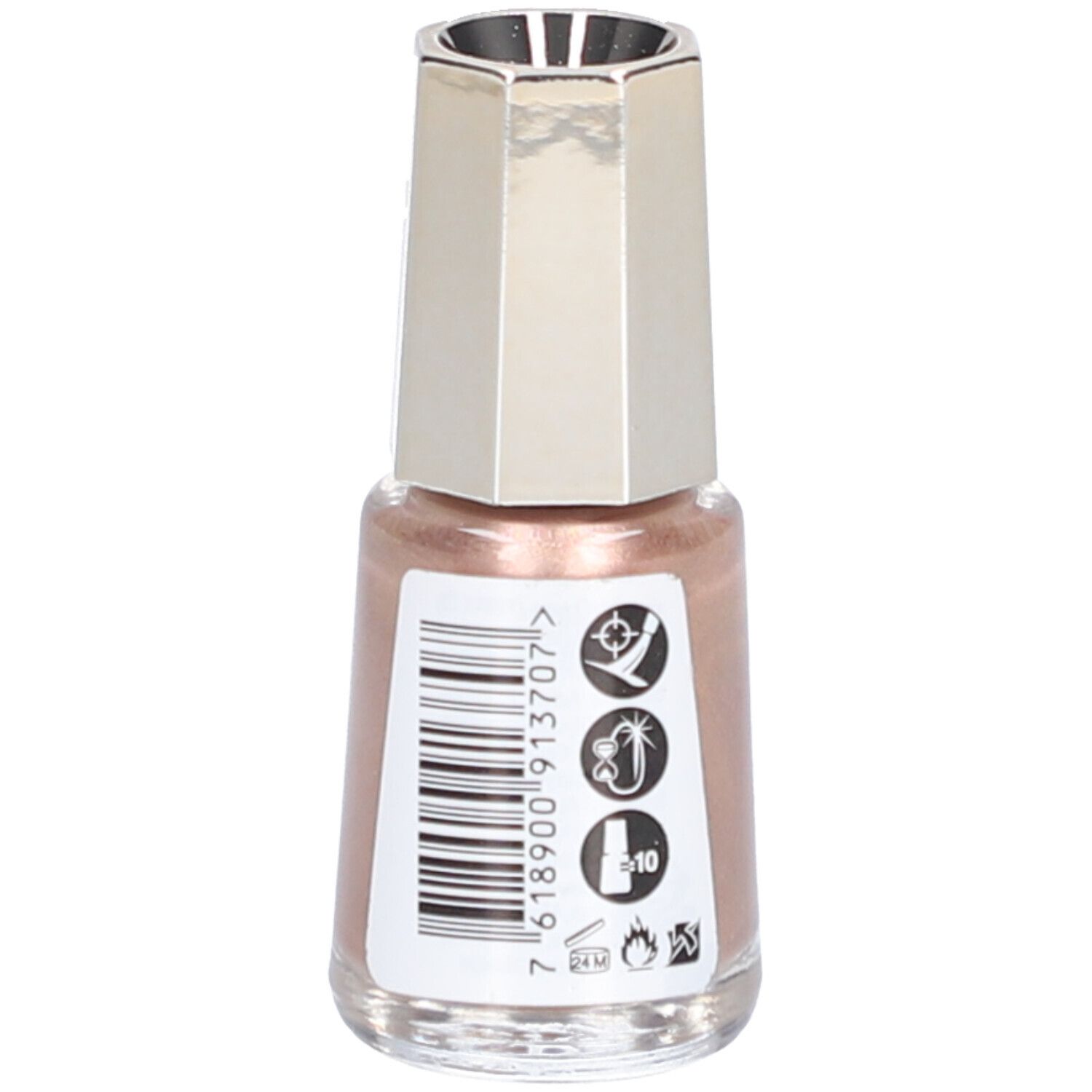 Nagellackflasche mit rosafarbenem Inhalt. Silberfarbener Deckel. Rückseite mit Barcode und Symbolen.