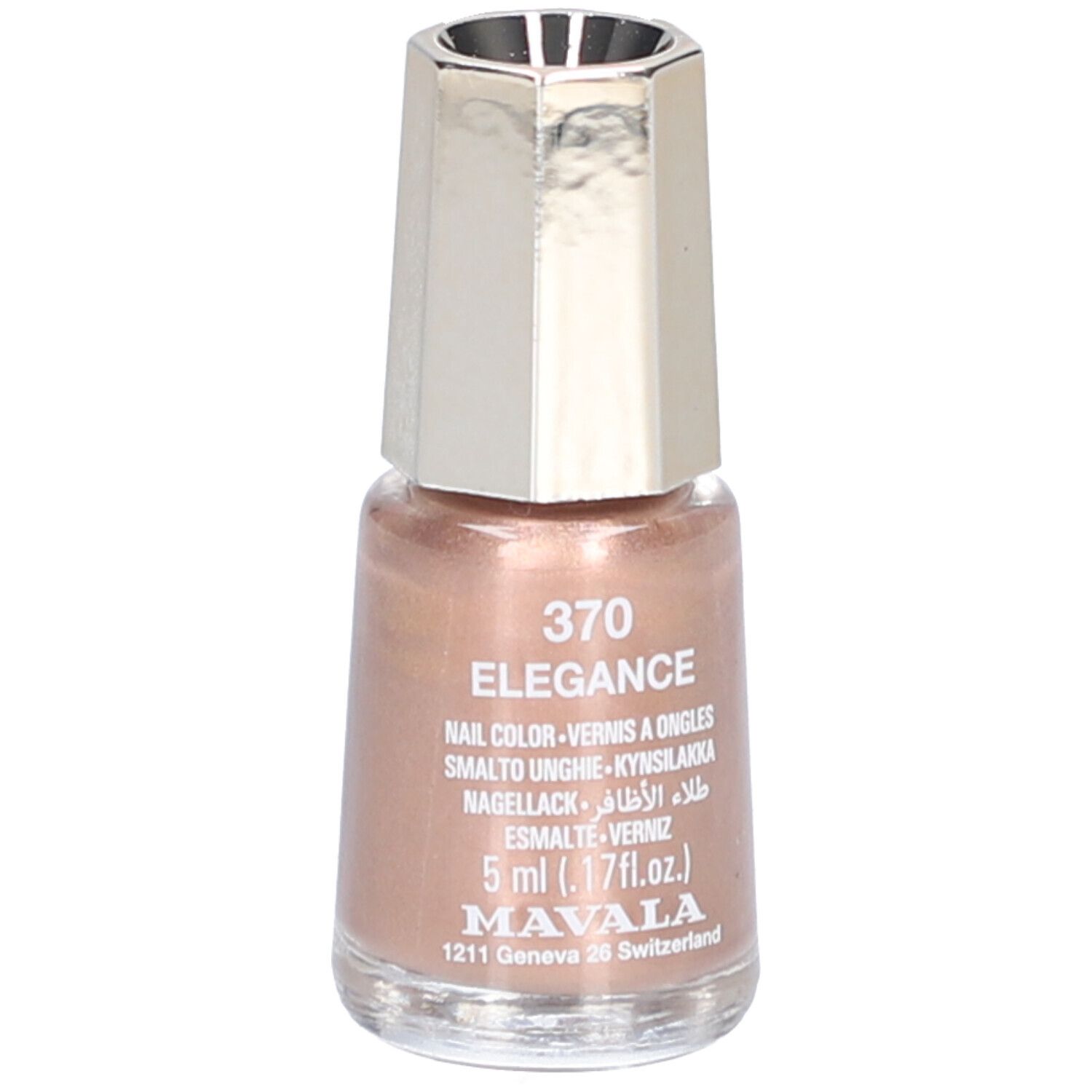 Nagellackflasche mit rosafarbenem Inhalt. Silberfarbener Deckel. Aufschrift: Elegance 370, Nail Color, 5 ml.