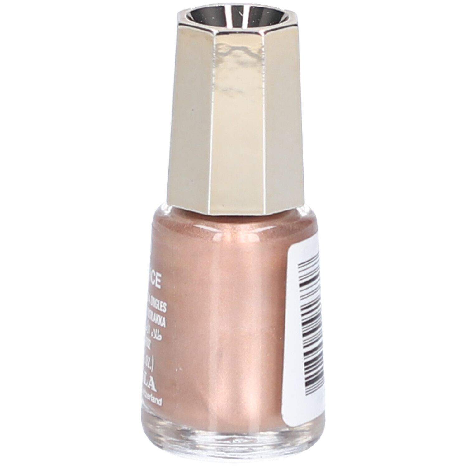 Nagellackflasche mit rosafarbenem Inhalt. Silberfarbener Deckel. Rückseite mit Barcode und Text.