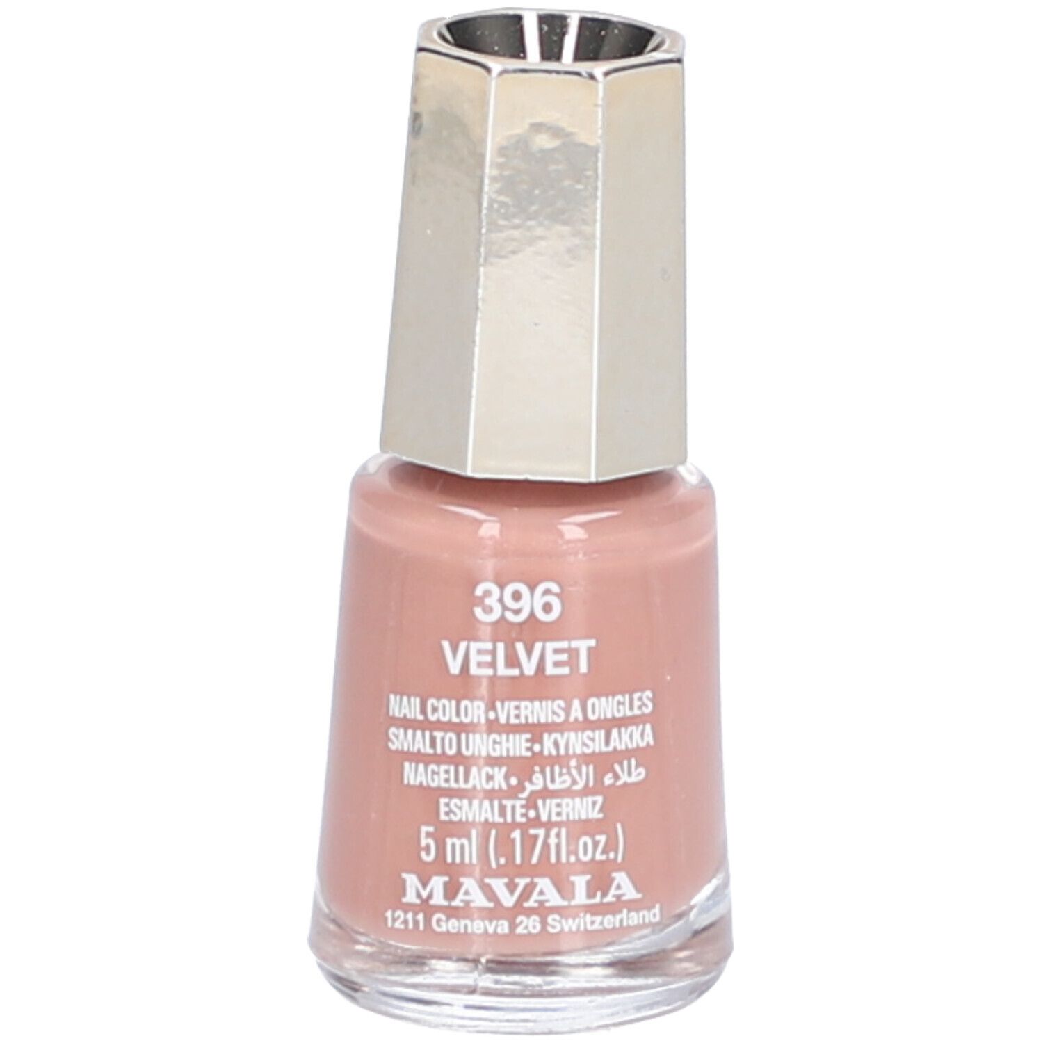Nagellackflasche, Farbe 396 Velvet. Rosa Farbton, silberfarbener Deckel. Text: Nail Color, 5 ml, Mavala.