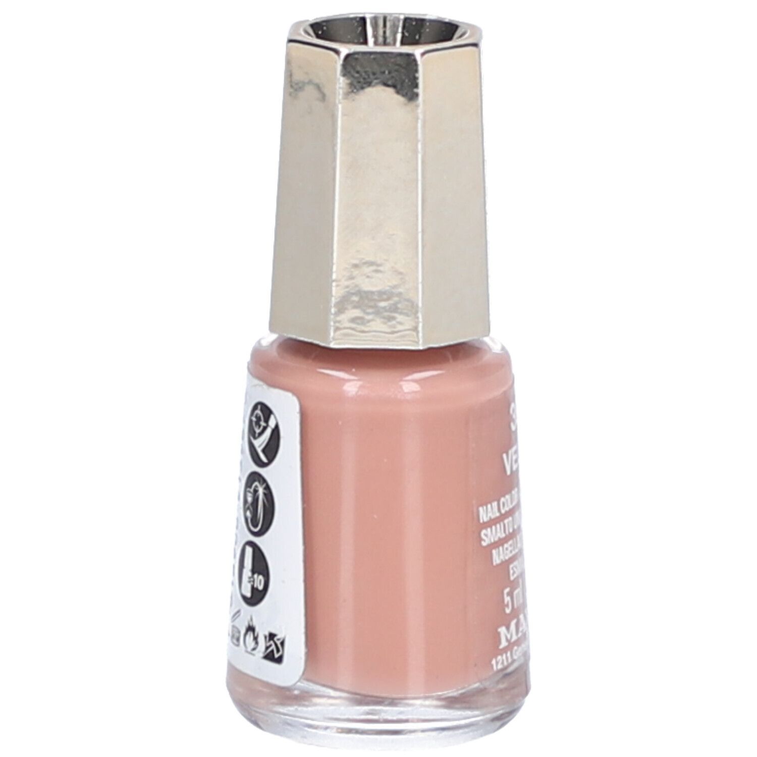 Nagellackflasche, Farbe 396 Velvet. Rosa Farbton, silberfarbener Deckel. Aufkleber mit Symbolen.