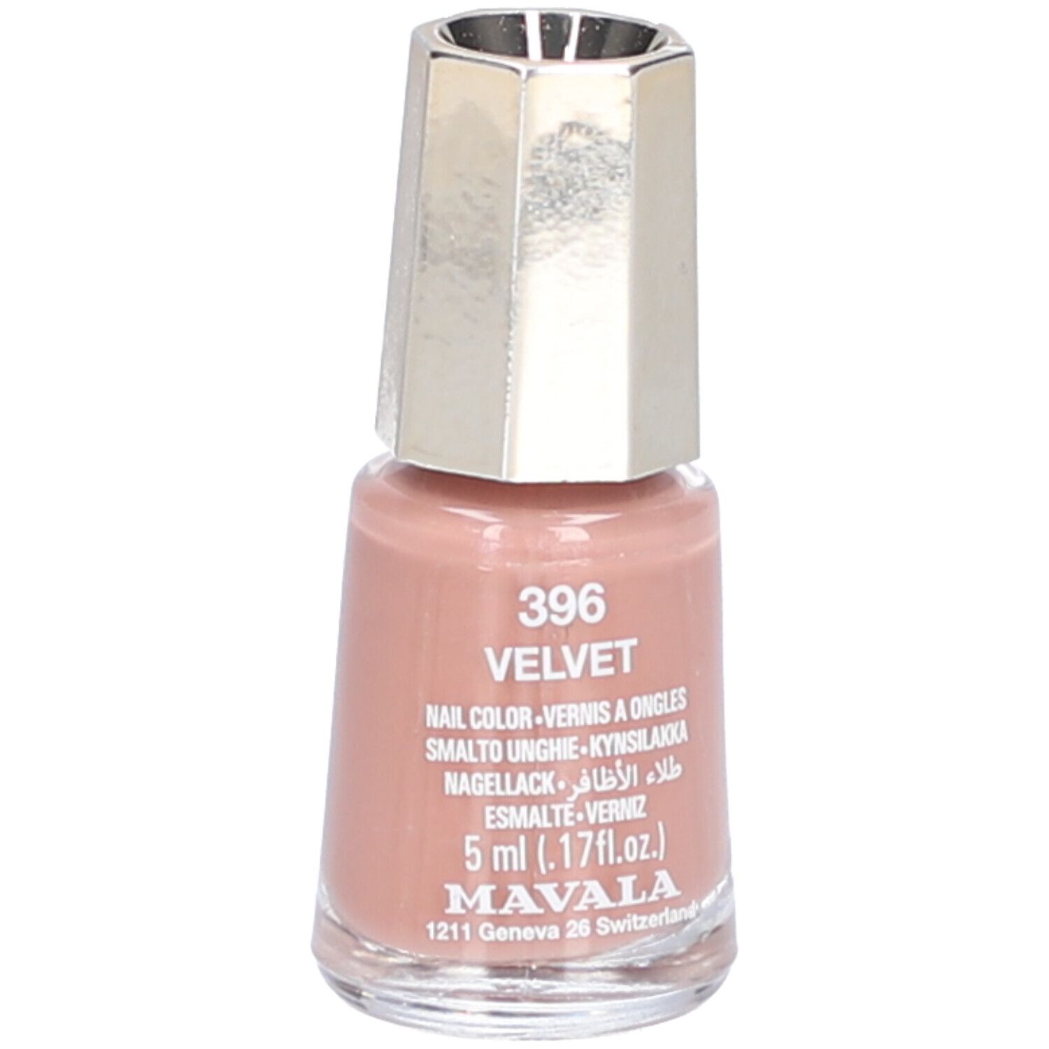 Nagellackflasche, Farbe 396 Velvet. Rosa Farbton, silberfarbener Deckel. Text: Nail Color, 5 ml, Mavala.