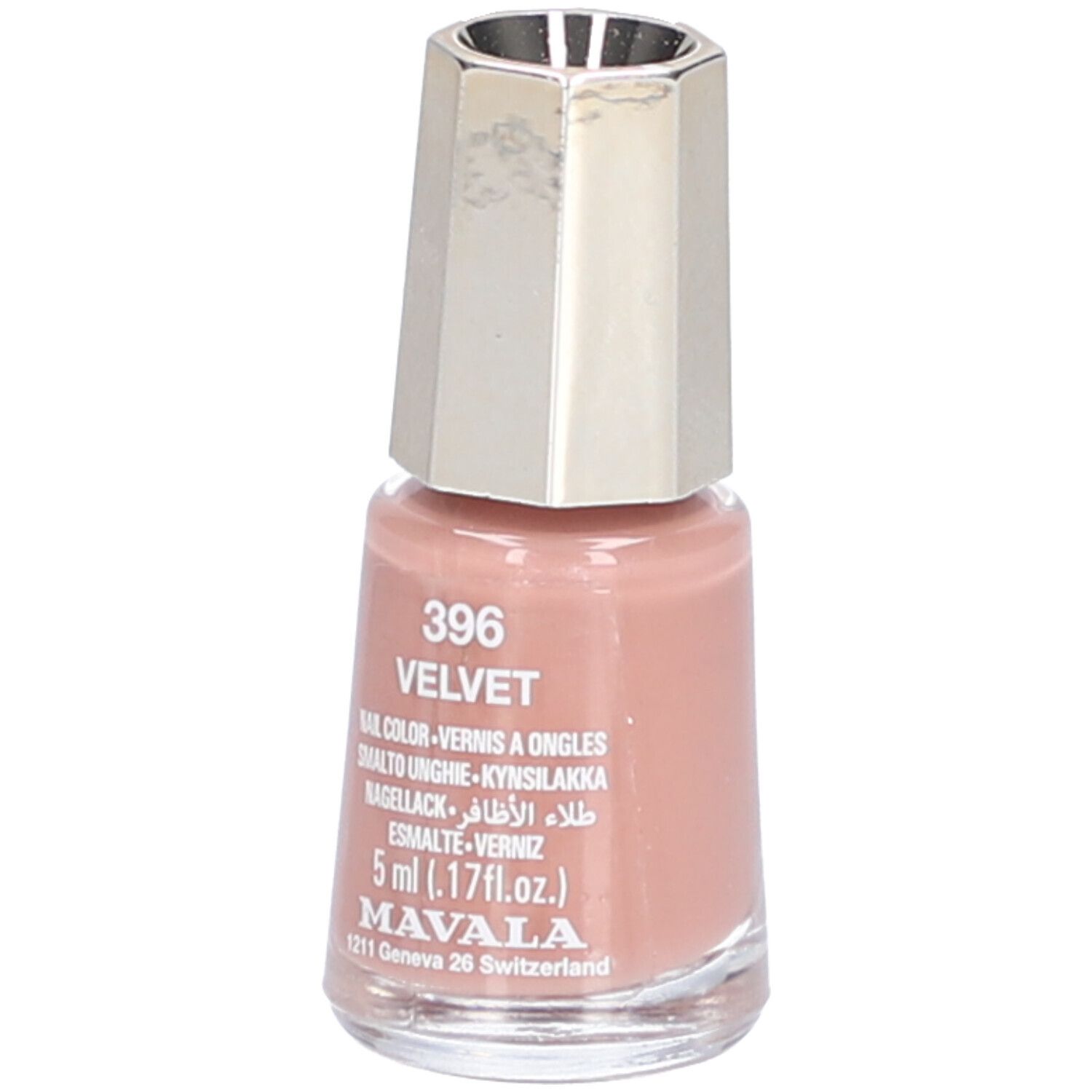 Nagellackflasche, Farbe 396 Velvet. Rosa Farbton, silberfarbener Deckel. Text: Nail Color, 5 ml, Mavala.