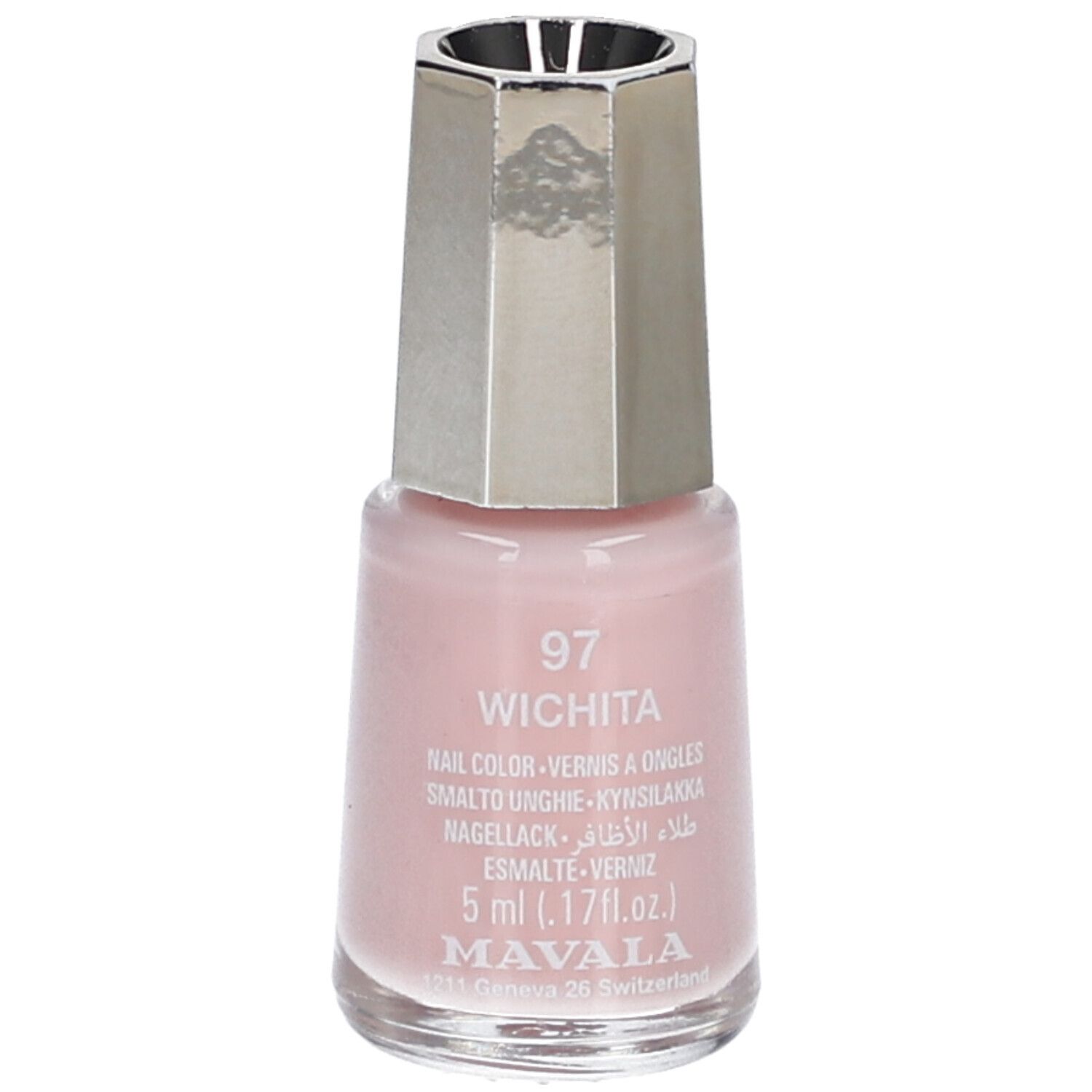 Nagellackflasche, rosa. Silberfarbener Deckel. Aufschrift: 97 Wichita, Nail Color, 5 ml, Mavala.
