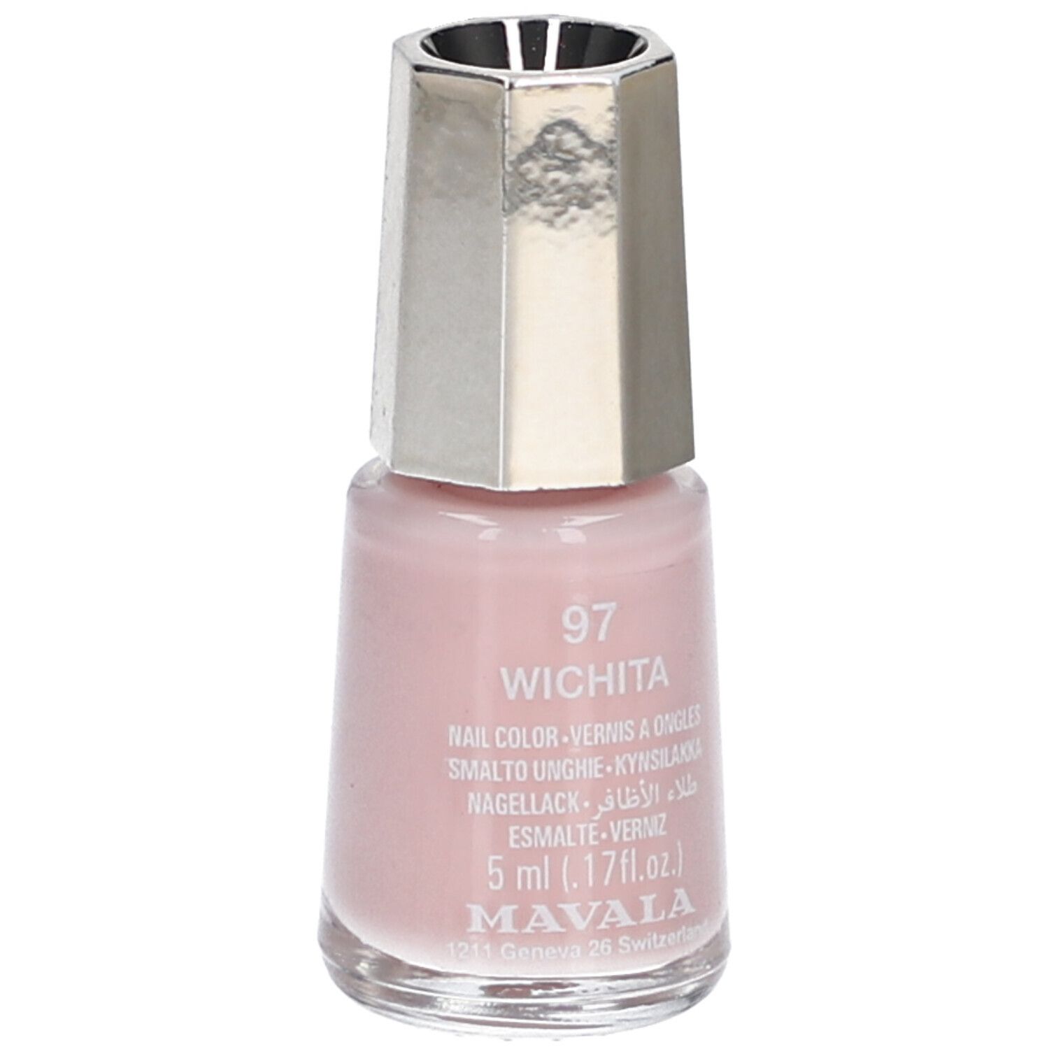 Nagellackflasche, rosa. Silberfarbener Deckel. Aufschrift: 97 Wichita, Nail Color, 5 ml, Mavala.