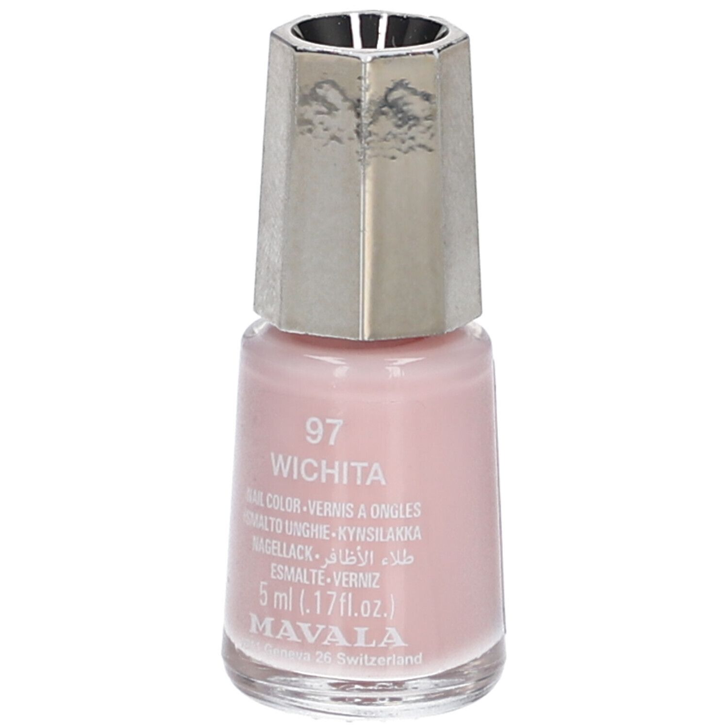 Nagellackflasche, rosa. Silberfarbener Deckel. Aufschrift: 97 Wichita, Nail Color, 5 ml, Mavala.