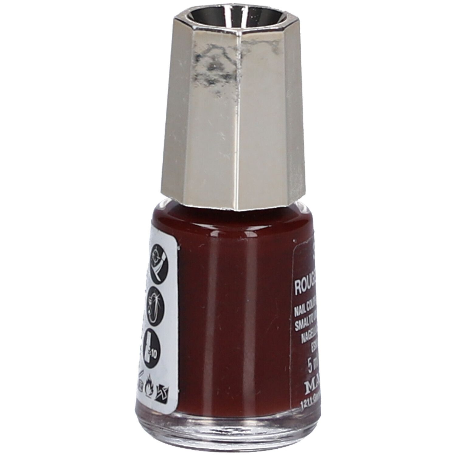 Nagellackflasche, rotbraune Farbe. Silberfarbener Deckel. Auf der Seite Symbole und Piktogramme.