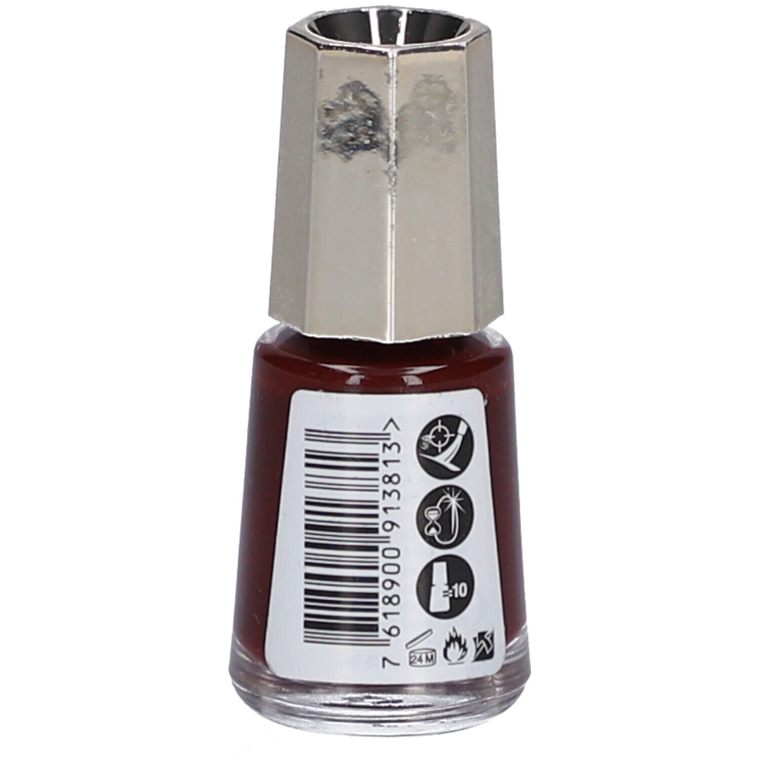 Nagellackflasche, rotbraune Farbe. Silberfarbener Deckel. Barcode und Piktogramme auf der Rückseite.