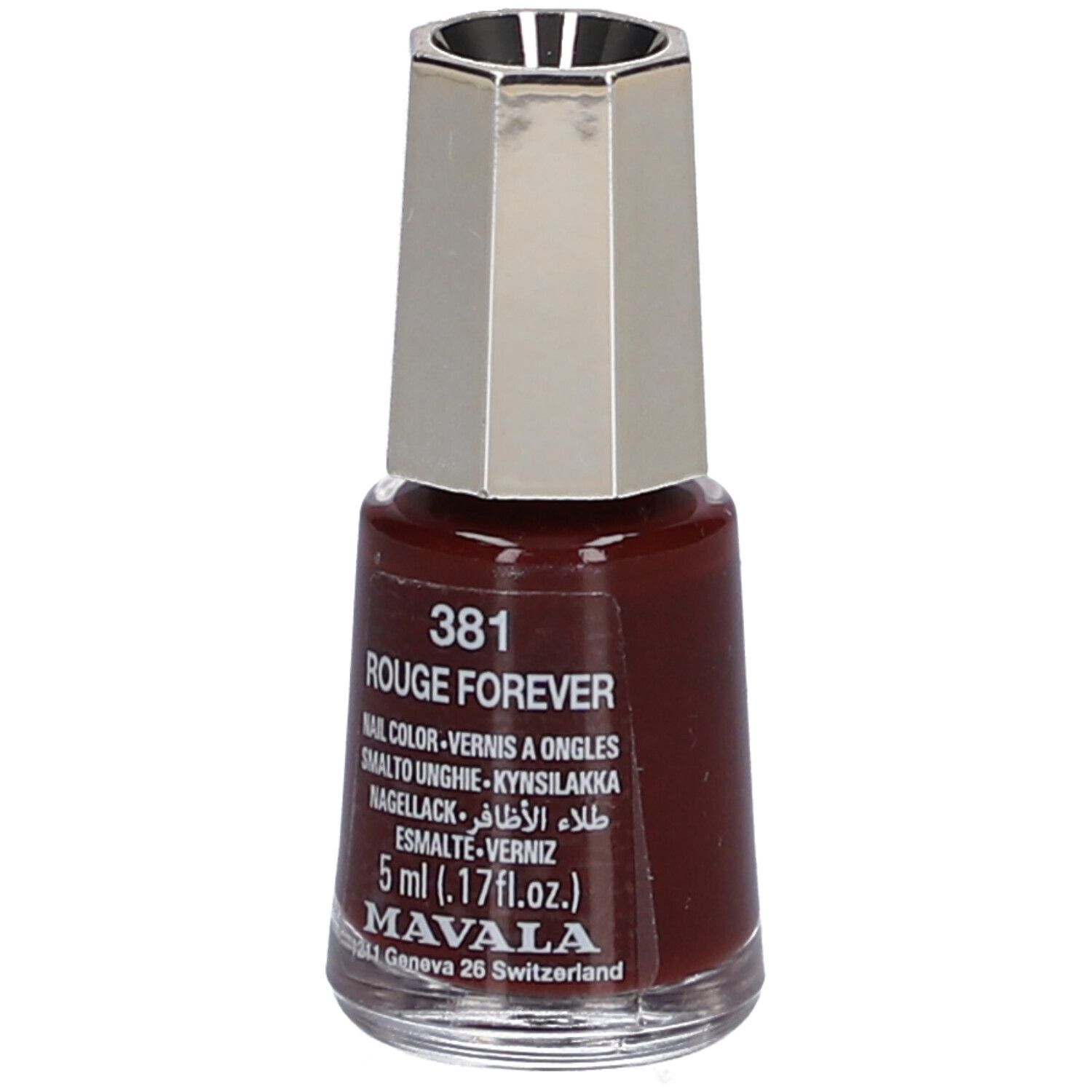 Nagellackflasche, rotbraune Farbe. Silberfarbener Deckel. Aufschrift: 381 Rouge Forever, 5 ml, Mavala.
