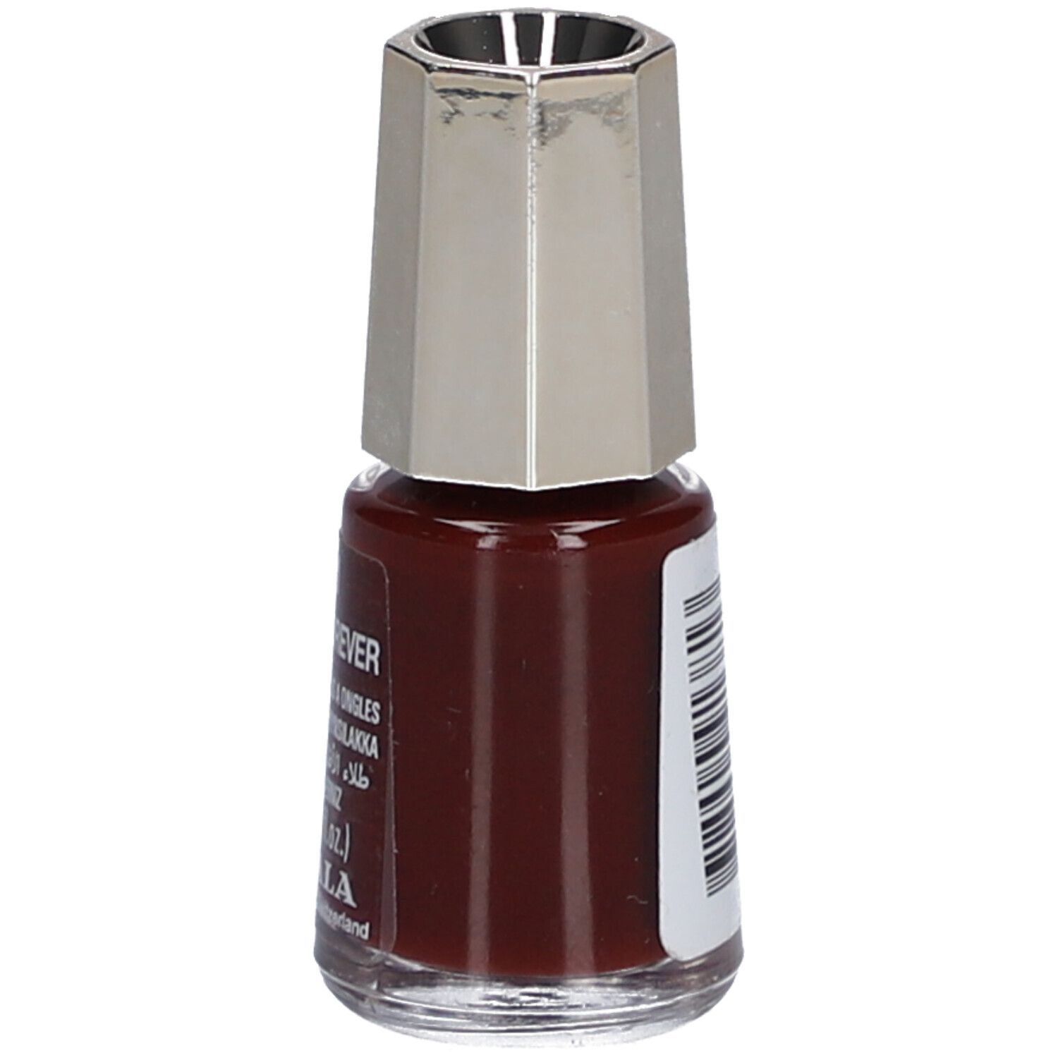 Nagellackflasche, rotbraune Farbe. Silberfarbener Deckel. Barcode auf der Seite.