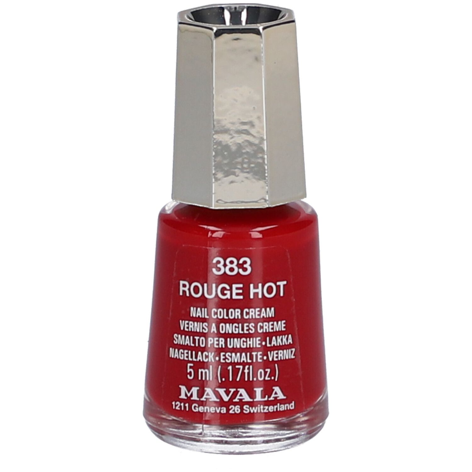 Flacon de vernis à ongles rouge avec bouchon argenté. Inscription: 383 Rouge Hot, Nail Color Cream, 5 ml. Marque: Mavala.