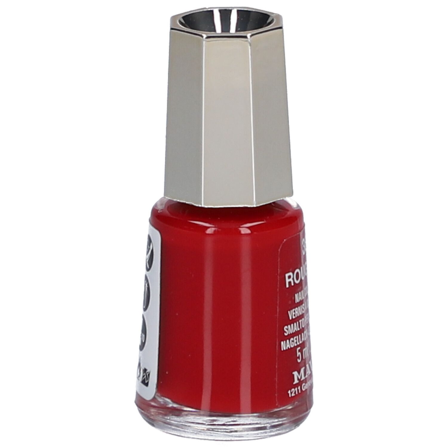 Flacon de vernis à ongles rouge avec bouchon argenté. Étiquette latérale avec informations produit. Marque: Mavala.