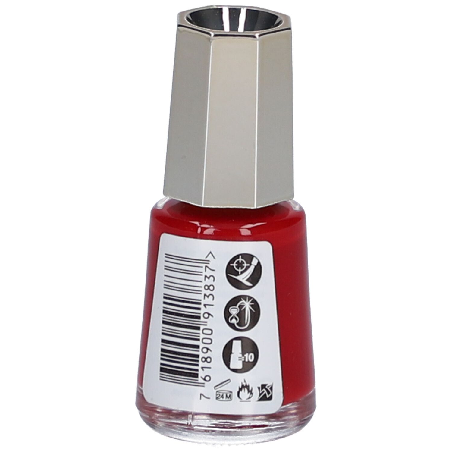 Flacon de vernis à ongles rouge avec bouchon argenté. Dos avec code-barres et pictogrammes. Marque: Mavala.