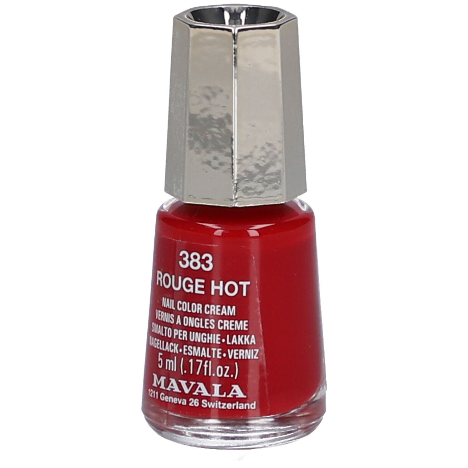 Flacon de vernis à ongles rouge avec bouchon argenté. Inscription: 383 Rouge Hot, Nail Color Cream, 5 ml. Marque: Mavala.