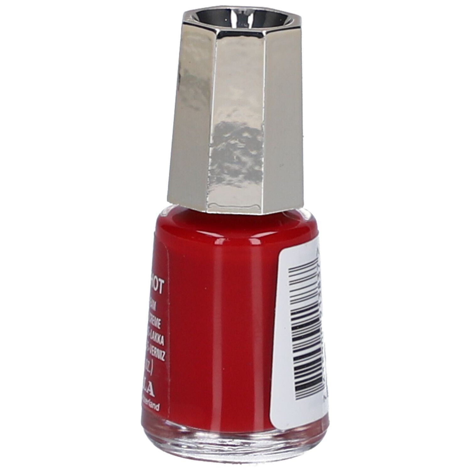 Flacon de vernis à ongles rouge avec bouchon argenté. Étiquette latérale avec informations produit. Marque: Mavala.