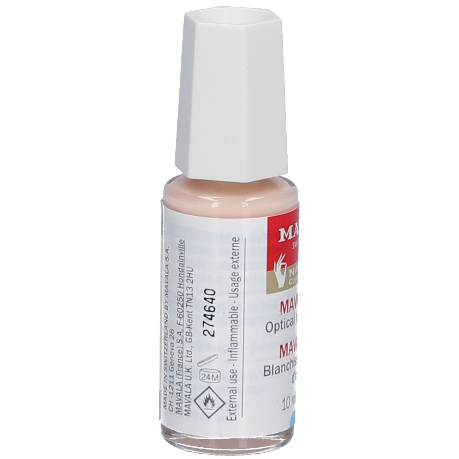Mavala Mava-White Nagelweisser. Flasche mit weißem Deckel. Aufschrift: Mava-White, 10 ml. Rückseite mit Text.