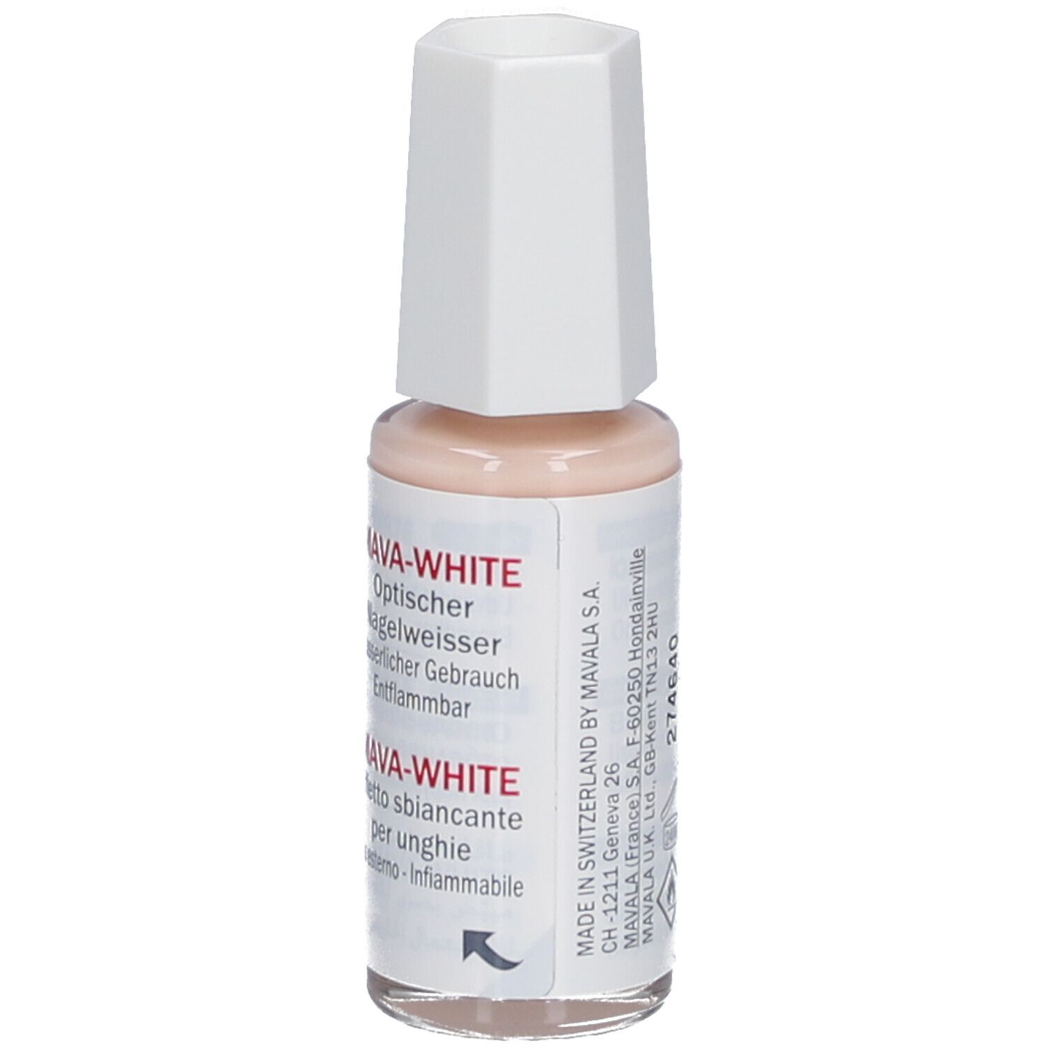 Mavala Mava-White Nagelweisser. Flasche mit weißem Deckel. Aufschrift: Mava-White, 10 ml. Rückseite mit Text.