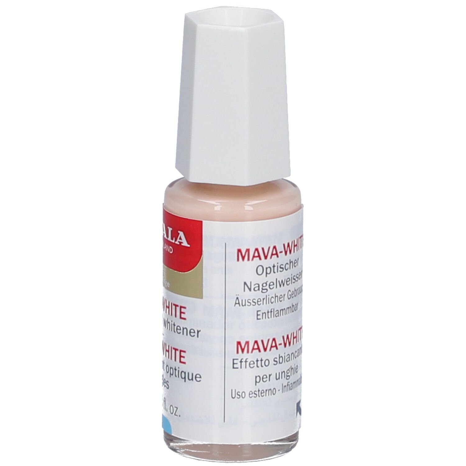 Mavala Mava-White Nagelweisser. Flasche mit weißem Deckel. Aufschrift: Mava-White, 10 ml. Rückseite mit Text.