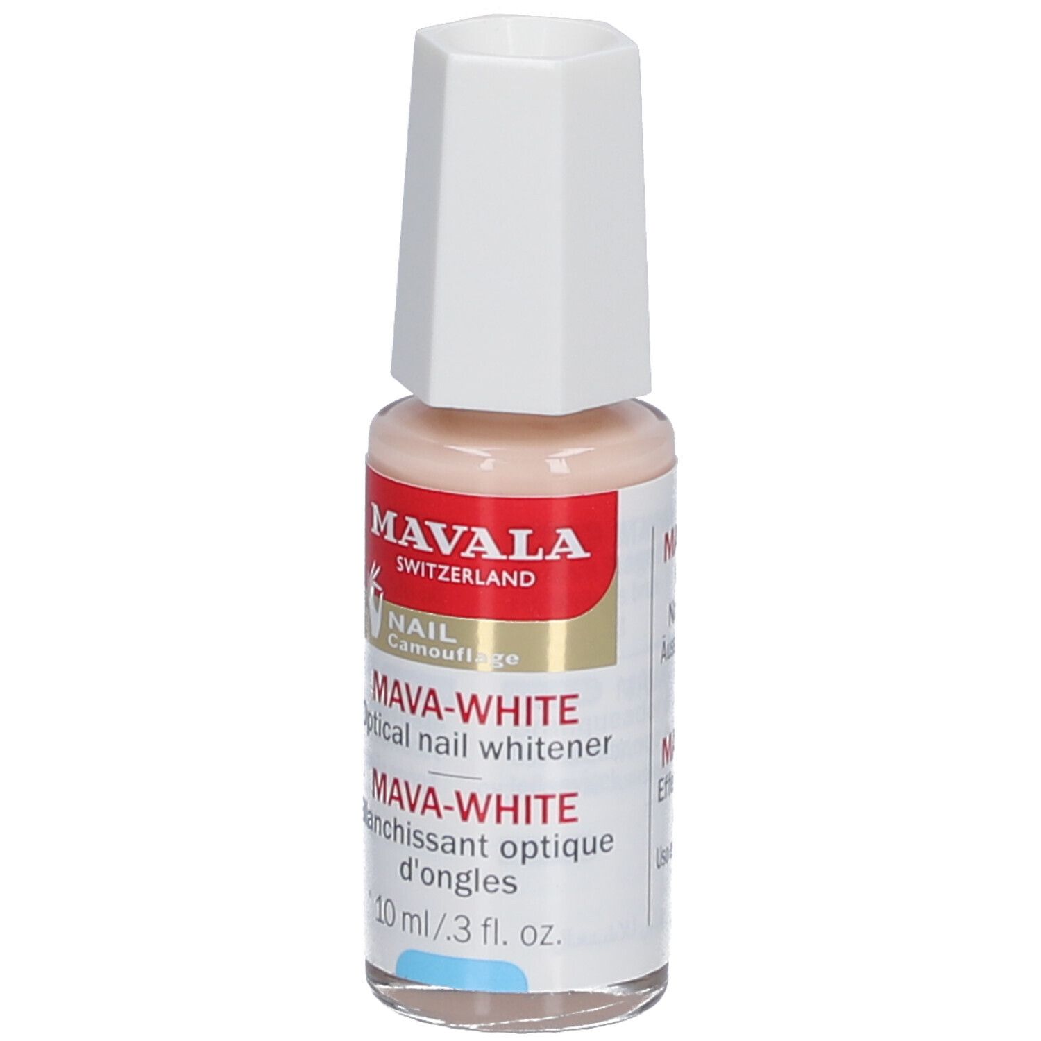 Mavala Mava-White Nagelweisser. Flasche mit weißem Deckel. Aufschrift: Mava-White, 10 ml.