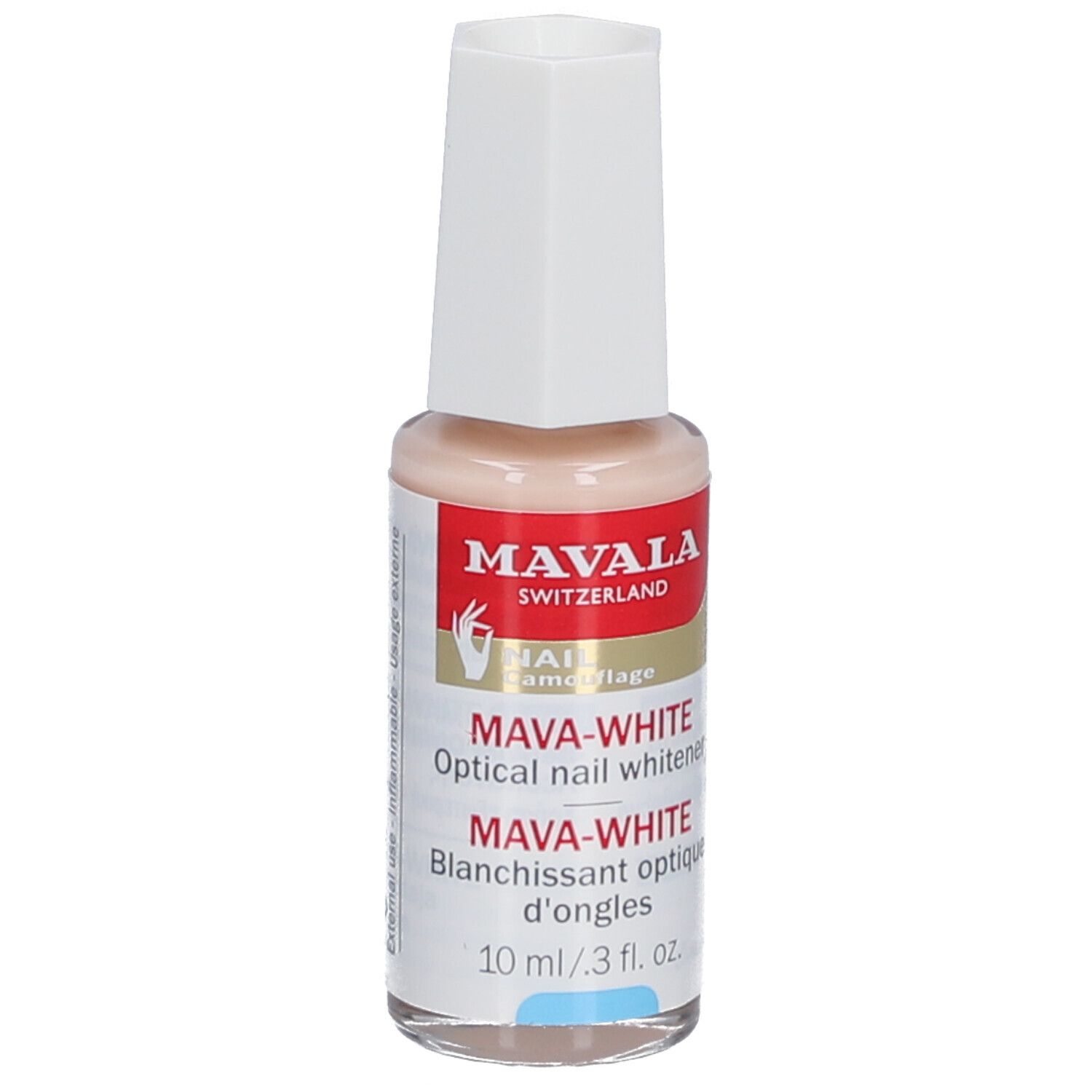 Mavala Mava-White Nagelweisser. Flasche mit weißem Deckel. Aufschrift: Mava-White, 10 ml.