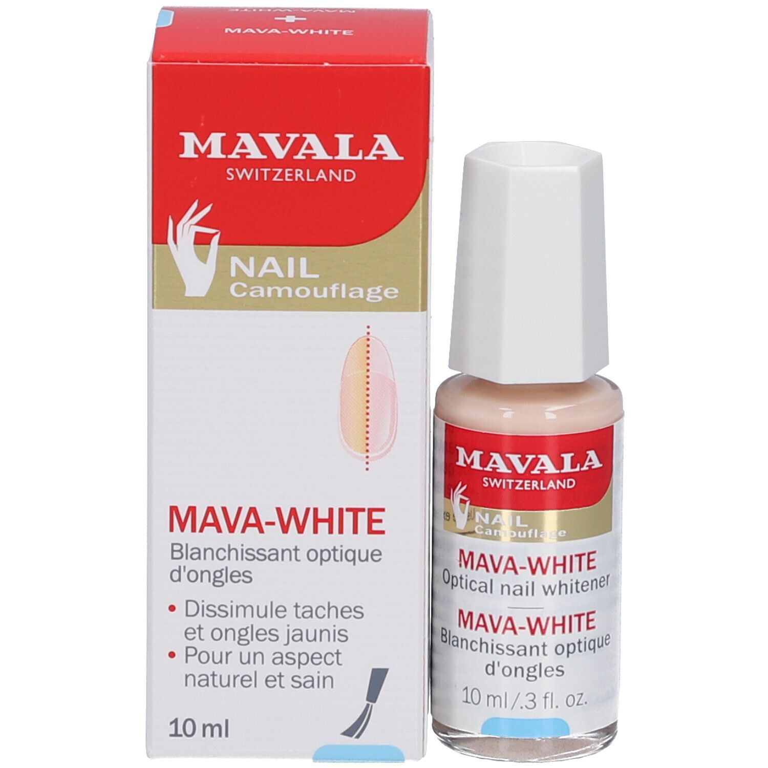 Mavala Mava-White Nagelweisser und Verpackung. Aufschrift: Mava-White, 10 ml. Verpackung mit Text und Illustration.