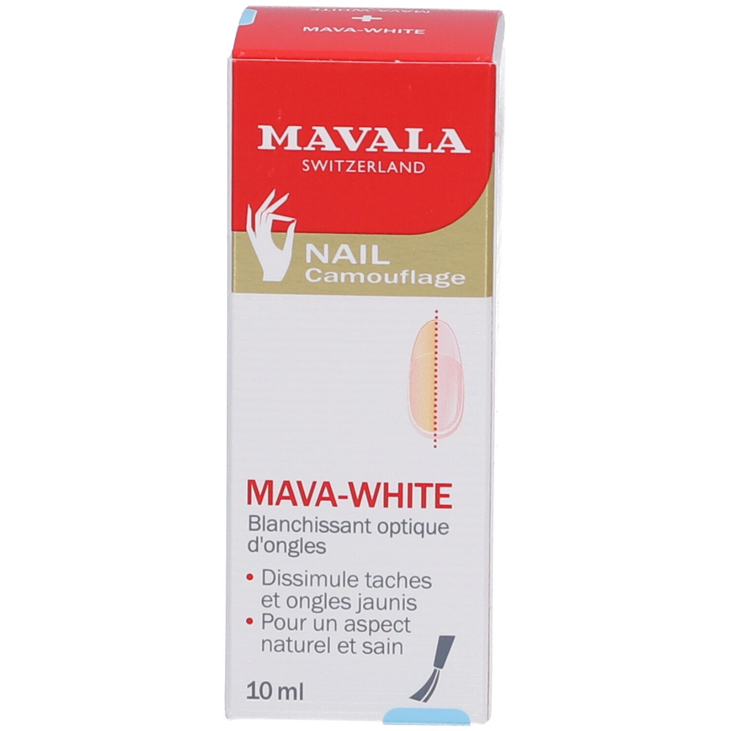 Mavala Mava-White Nagelweisser und Verpackung. Aufschrift: Mava-White, 10 ml. Verpackung mit Text und Illustration.