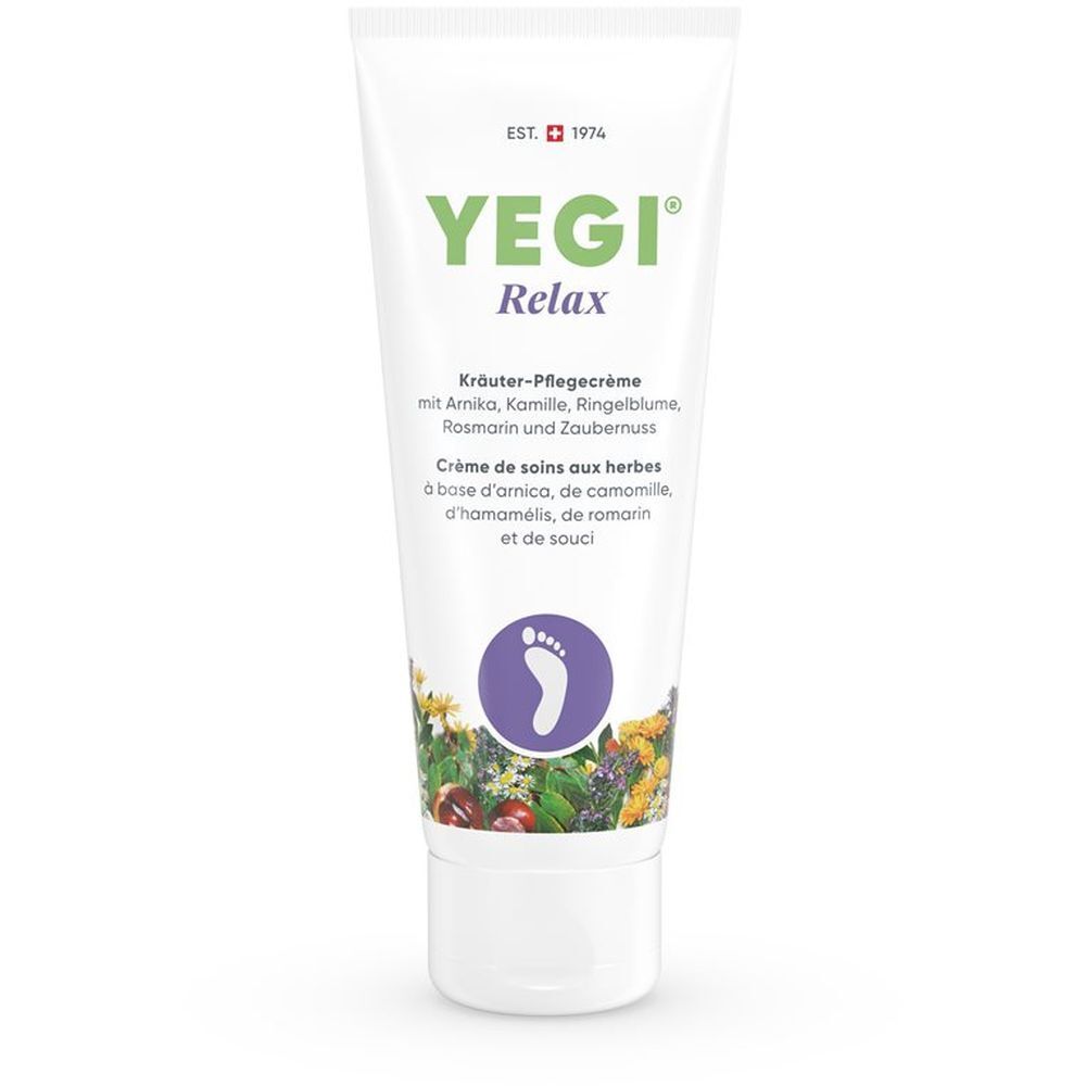 Creme-Tube mit Produktnamen und Fuß-Symbol. Kräuter-Pflegecreme mit floralem Design.