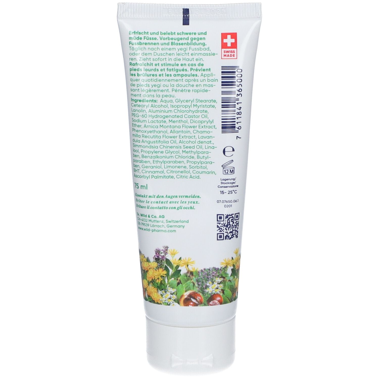 Rückseite der Tube mit Text, Inhaltsstoffen, QR-Code und Schweizer Kreuz. 75 ml.