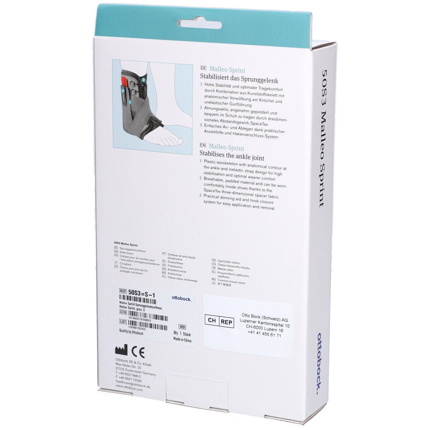 Dos de l'emballage Ottobock Malleo Sprint. Informations produit en allemand et anglais. Code-barres et logo. Fond blanc.