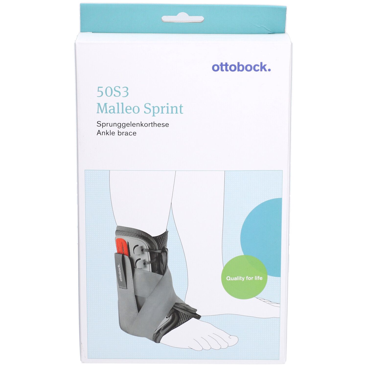 Orthèse de cheville Ottobock Malleo Sprint dans son emballage. Orthèse grise et noire, illustrée sur une jambe. Logo "Quality for life".