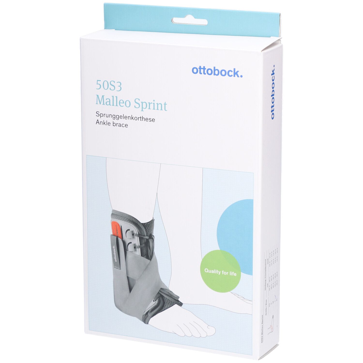 Ottobock Malleo Sprint Knöchelorthese in Verpackung. Graue und schwarze Orthese, grüne Qualitätsmarke.