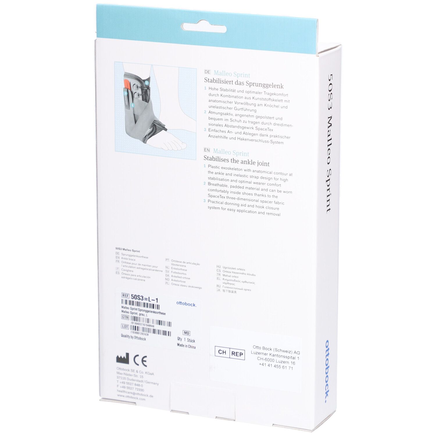 Rückseite der Ottobock Malleo Sprint Knöchelorthese Verpackung. Produktinformationen und CE-Kennzeichnung.