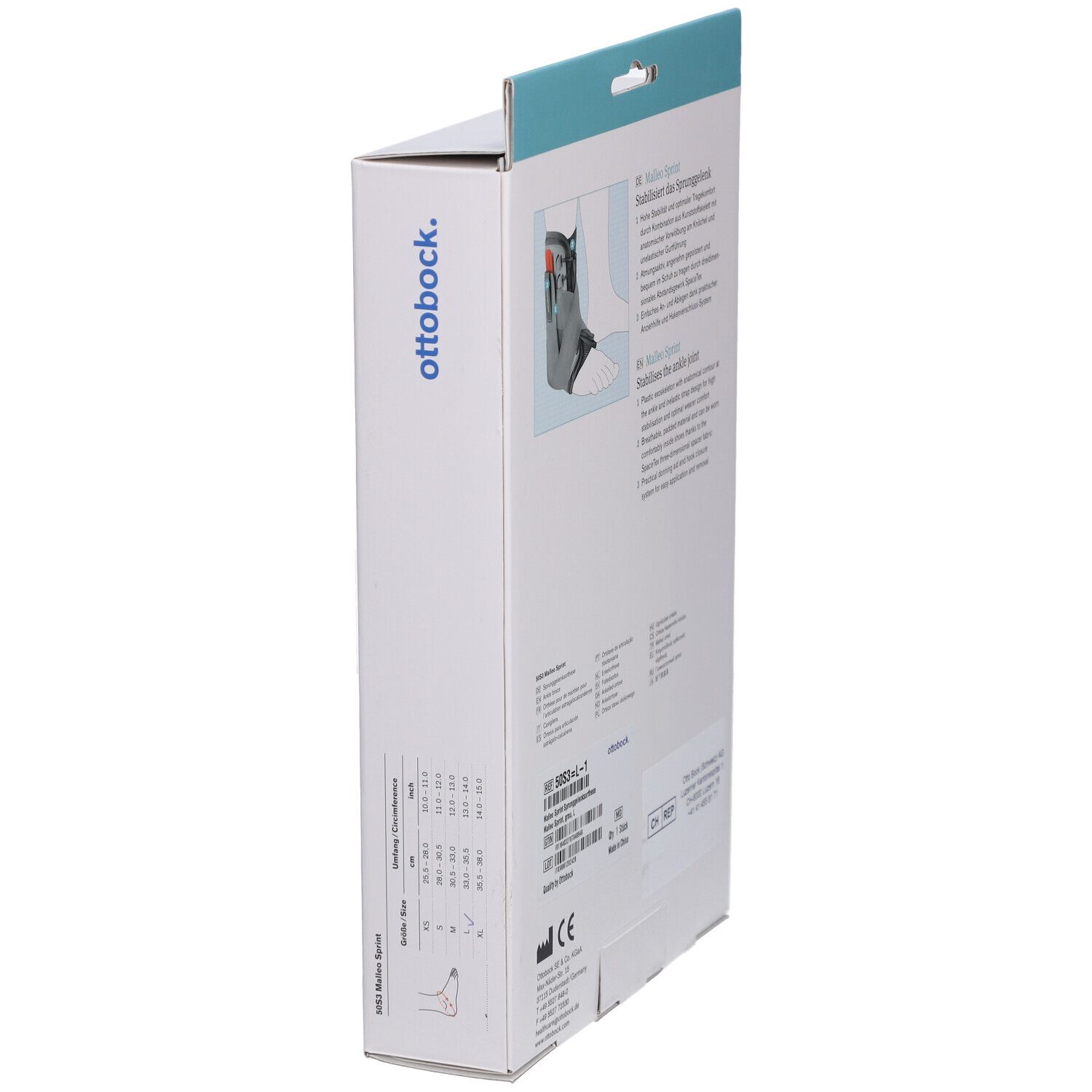 Seitenansicht der Ottobock Malleo Sprint Knöchelorthese Verpackung. Produktabbildung und Größenangaben.
