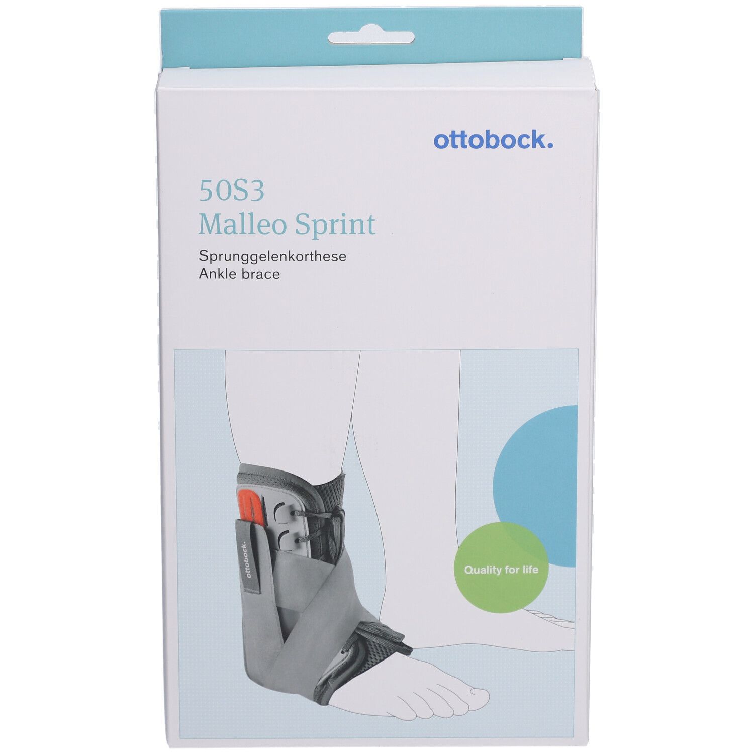 Ottobock Malleo Sprint Knöchelorthese in Verpackung. Graue und schwarze Orthese, grüne Qualitätsmarke.