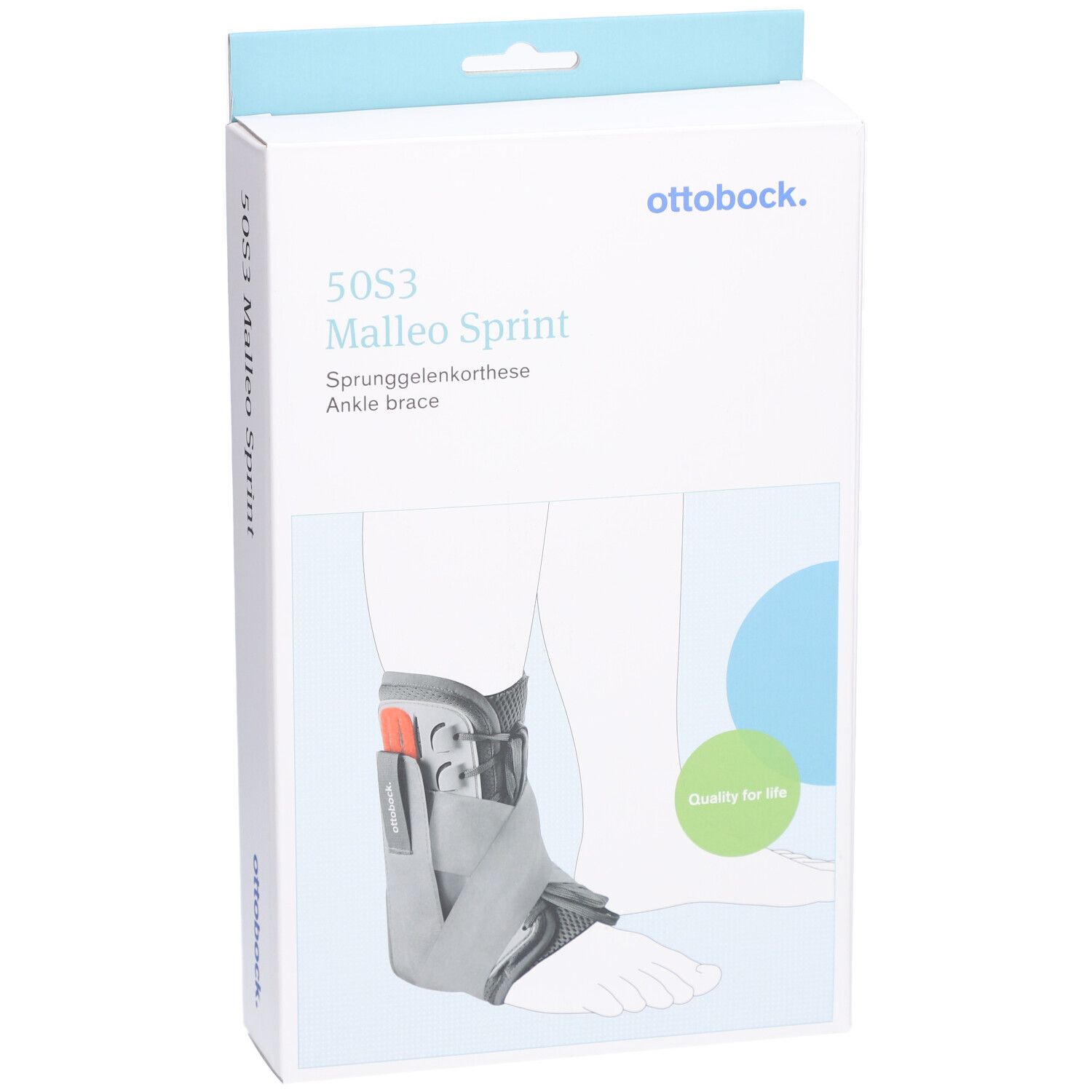Ottobock Malleo Sprint Knöchelorthese in Verpackung. Graue und schwarze Orthese, grüne Qualitätsmarke.