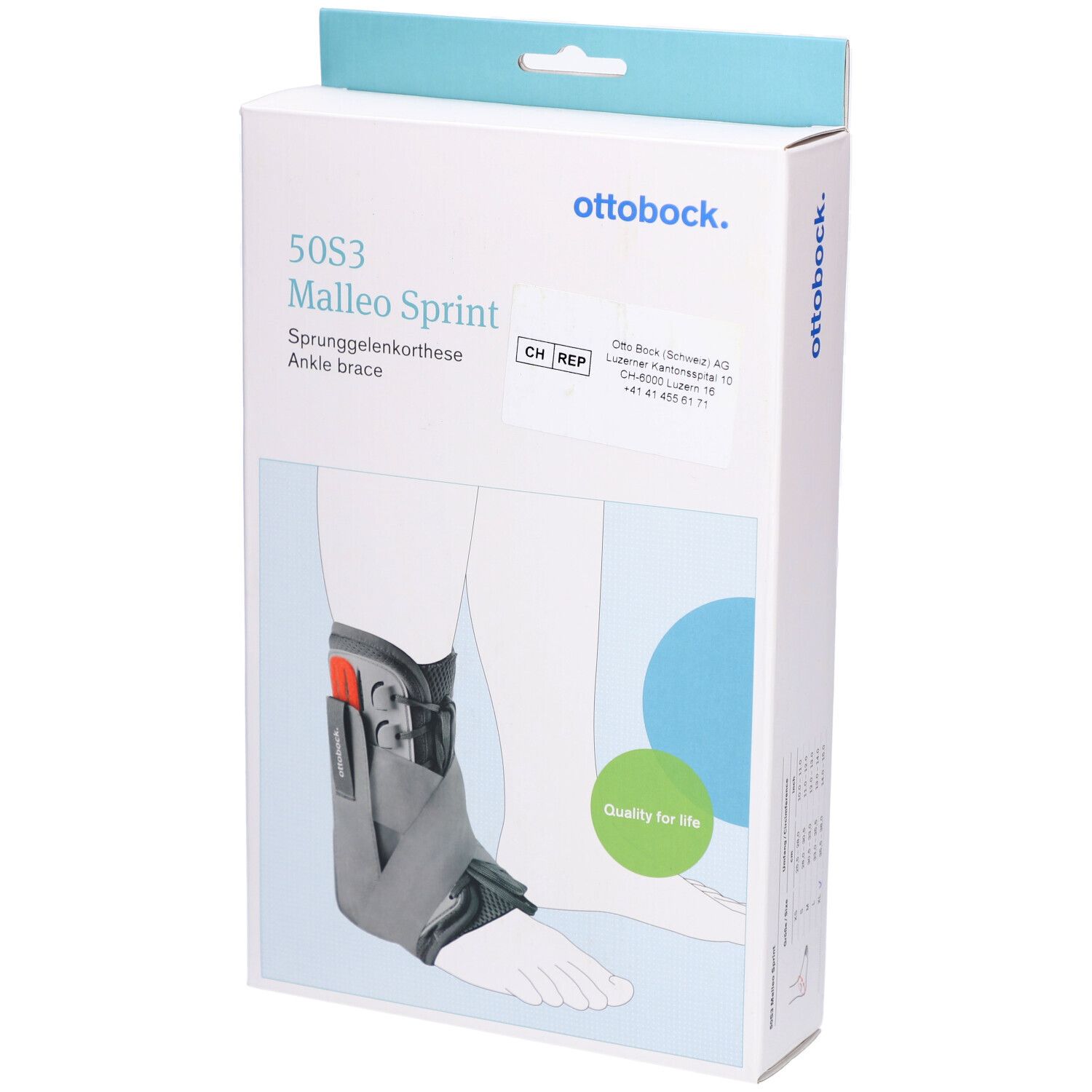 Otto Bock Malleo Sprint Sprunggelenksorthese in Verpackung. Graue und schwarze Knöchelorthese. Produktname und Logo sichtbar.