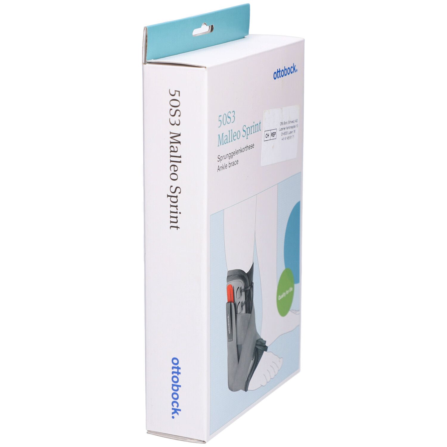 Verpackung der Otto Bock Malleo Sprint Sprunggelenksorthese. Seitenansicht. Produktname, Logo und Text auf der Verpackung.