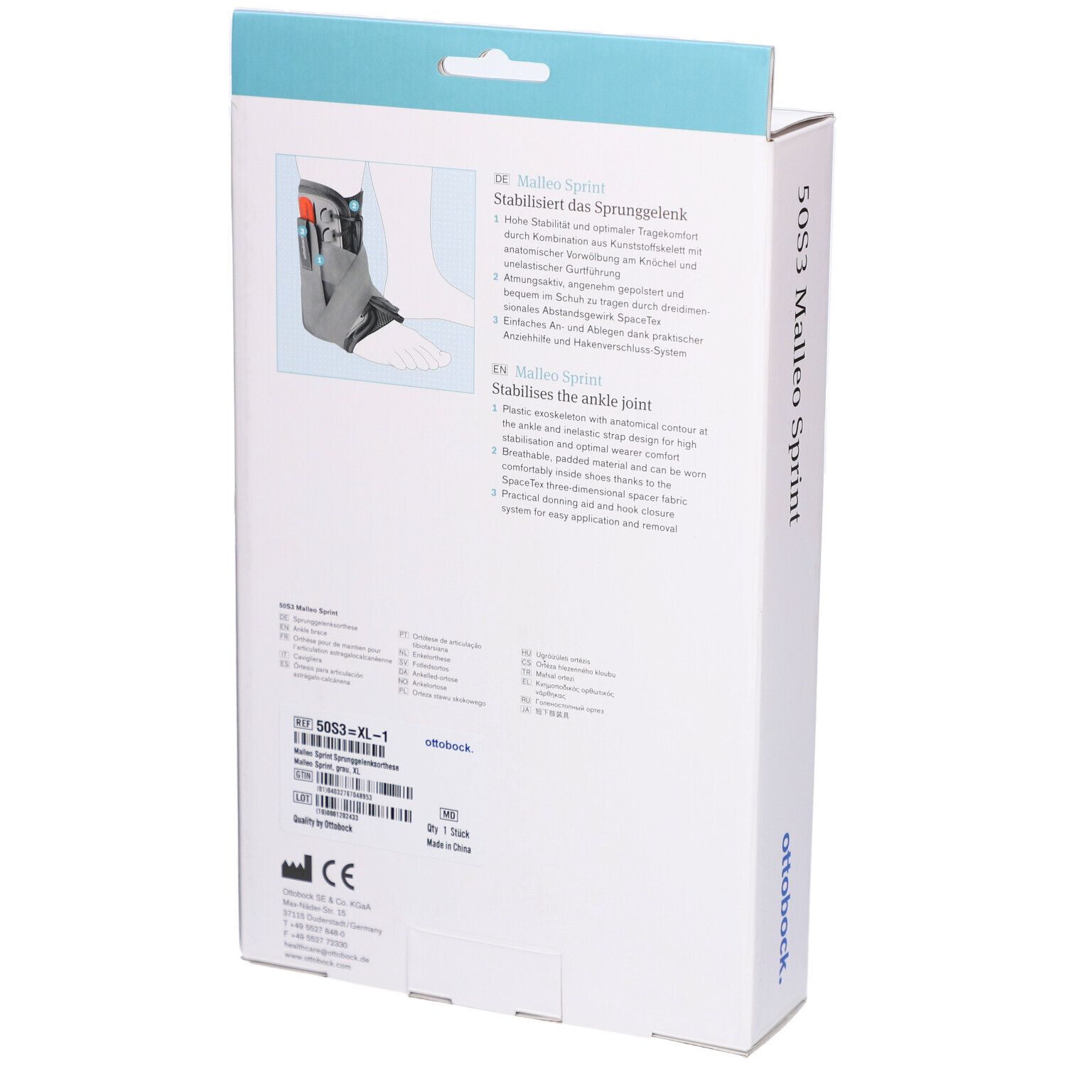 Rückseite der Verpackung der Otto Bock Malleo Sprint Sprunggelenksorthese. Text in mehreren Sprachen. Produktname und Logo.