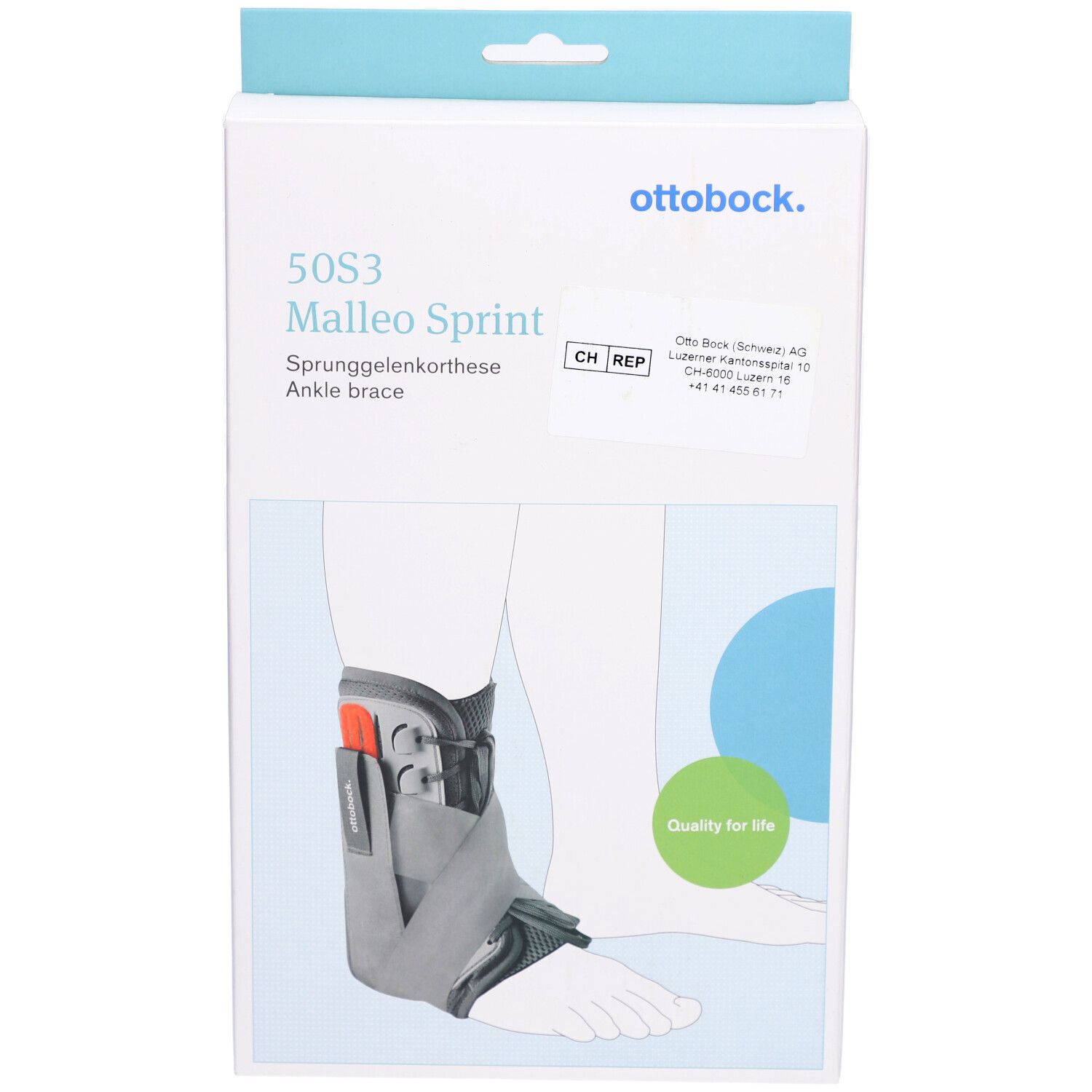 Otto Bock Malleo Sprint Sprunggelenksorthese in Verpackung. Graue und schwarze Knöchelorthese. Produktname und Logo sichtbar.