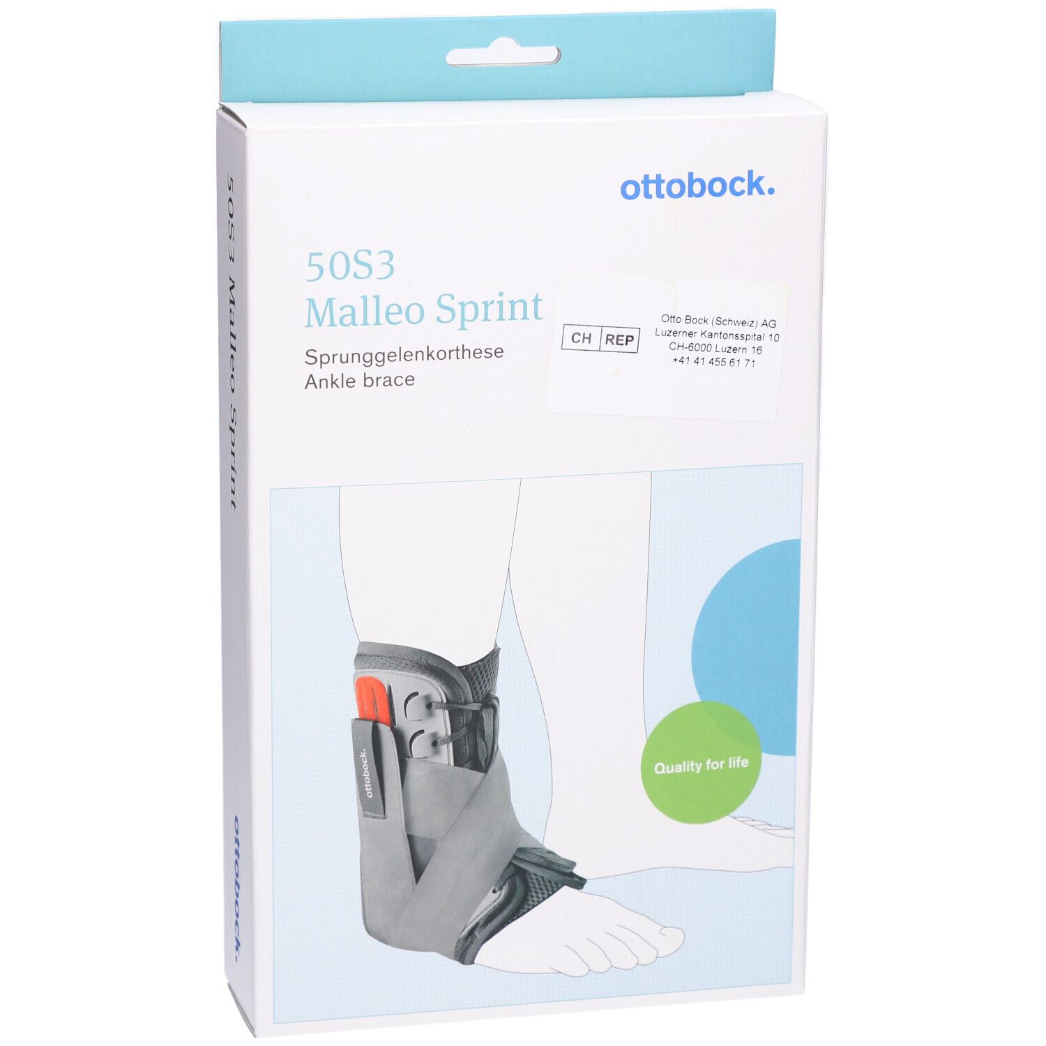 Otto Bock Malleo Sprint Sprunggelenksorthese in Verpackung. Graue und schwarze Knöchelorthese. Produktname und Logo sichtbar.